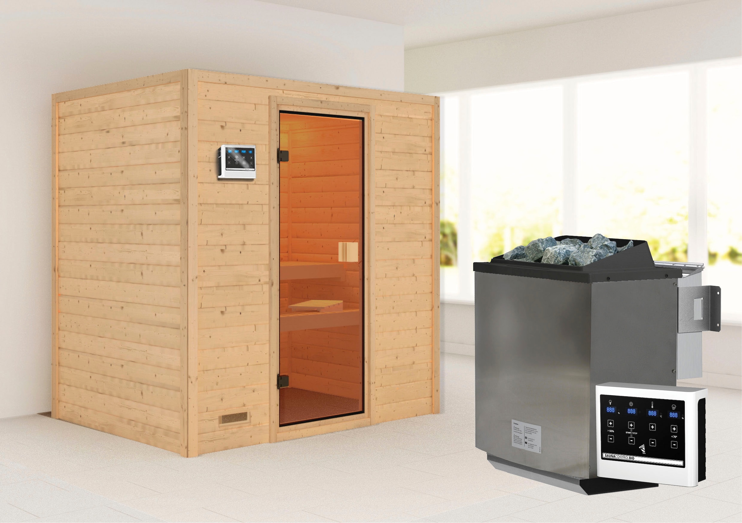 Karibu Sauna ""Sonja" mit bronzierter Tür Ofen 9 kW Bio externe Strg modern"