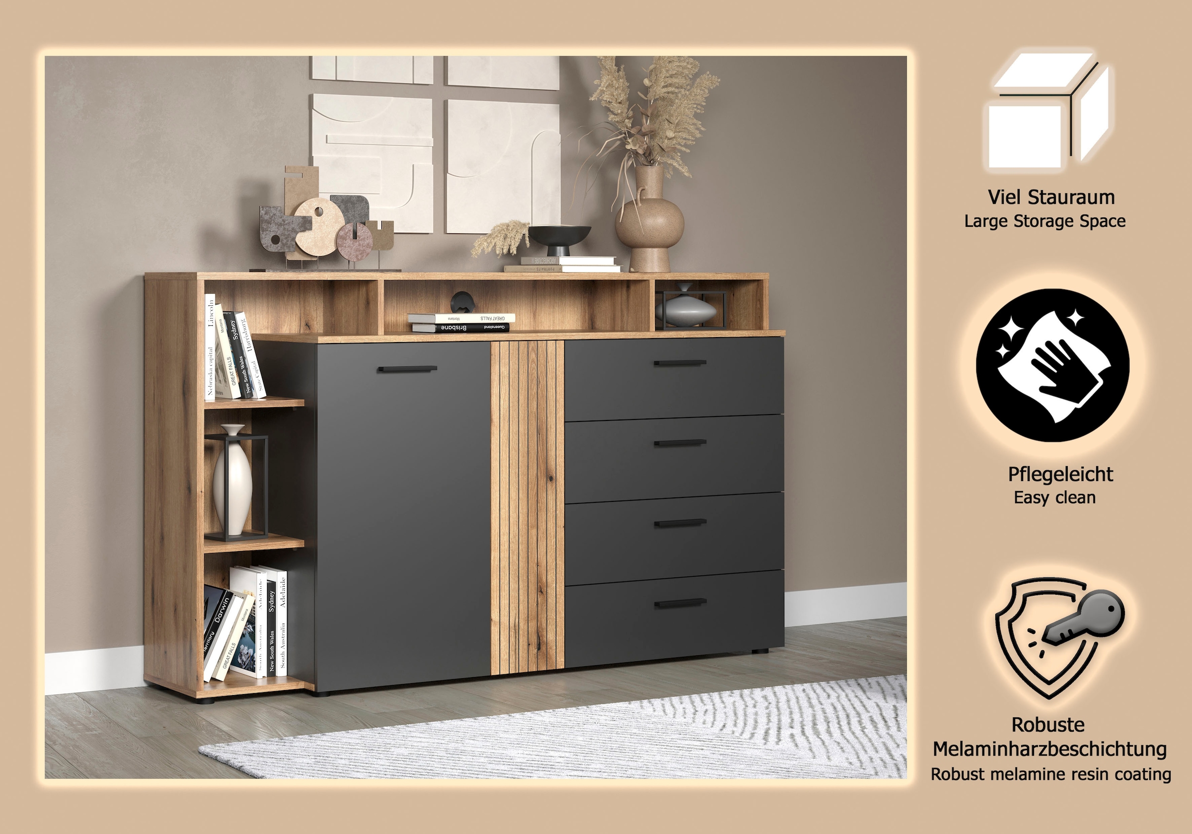 INOSIGN Lowboard »Estepona« 1 Stk. tlg. TV Kommode mit 2 Türen & 4 Schubladen Vollauszug (B/T/H) 168/38/101 cm