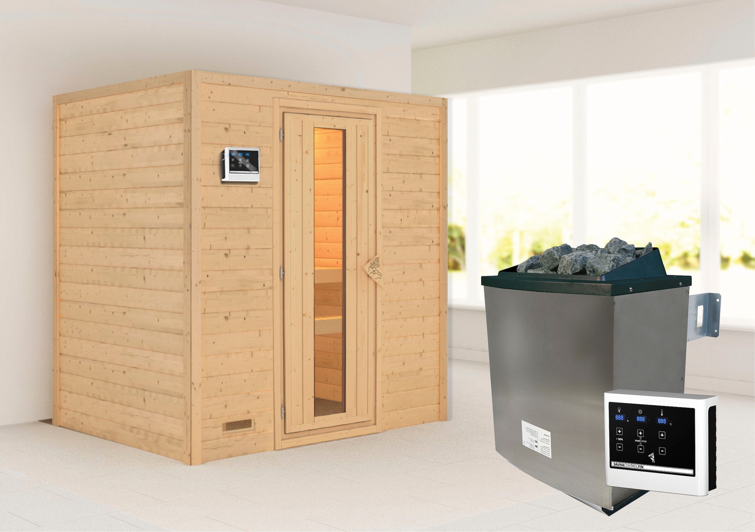 Karibu Sauna ""Sonja" mit Energiespartür 2 Ofen 9 KW externe Strg modern"