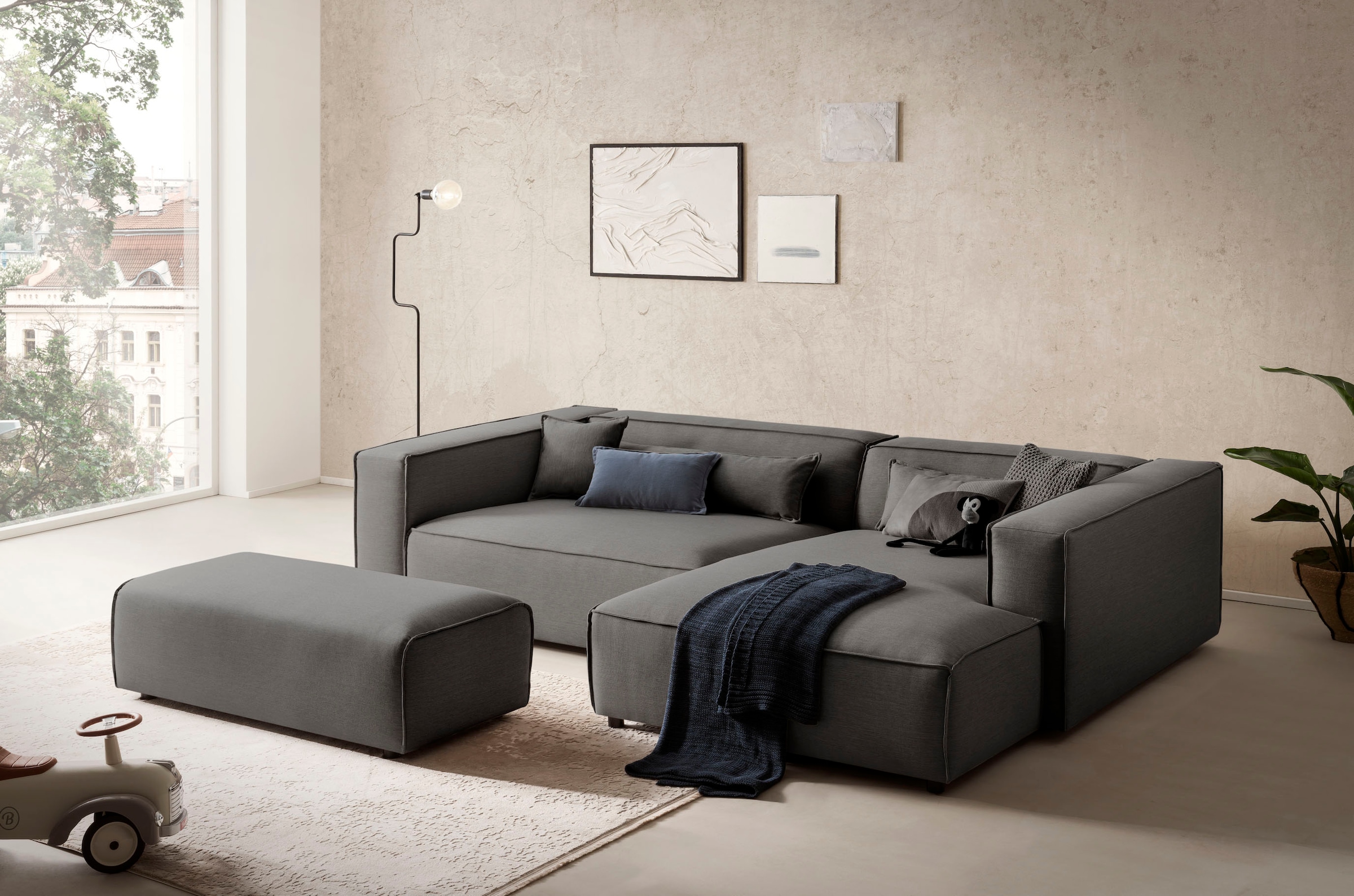 LeGer Home by Lena Gercke Ecksofa "PIARA XXL Struktur u. Leinenoptik, L-Form, Schlaffunktion" Hocker stellbar zum Schlafsofa (Krokodilverbinder), tiefe Sitzfläche