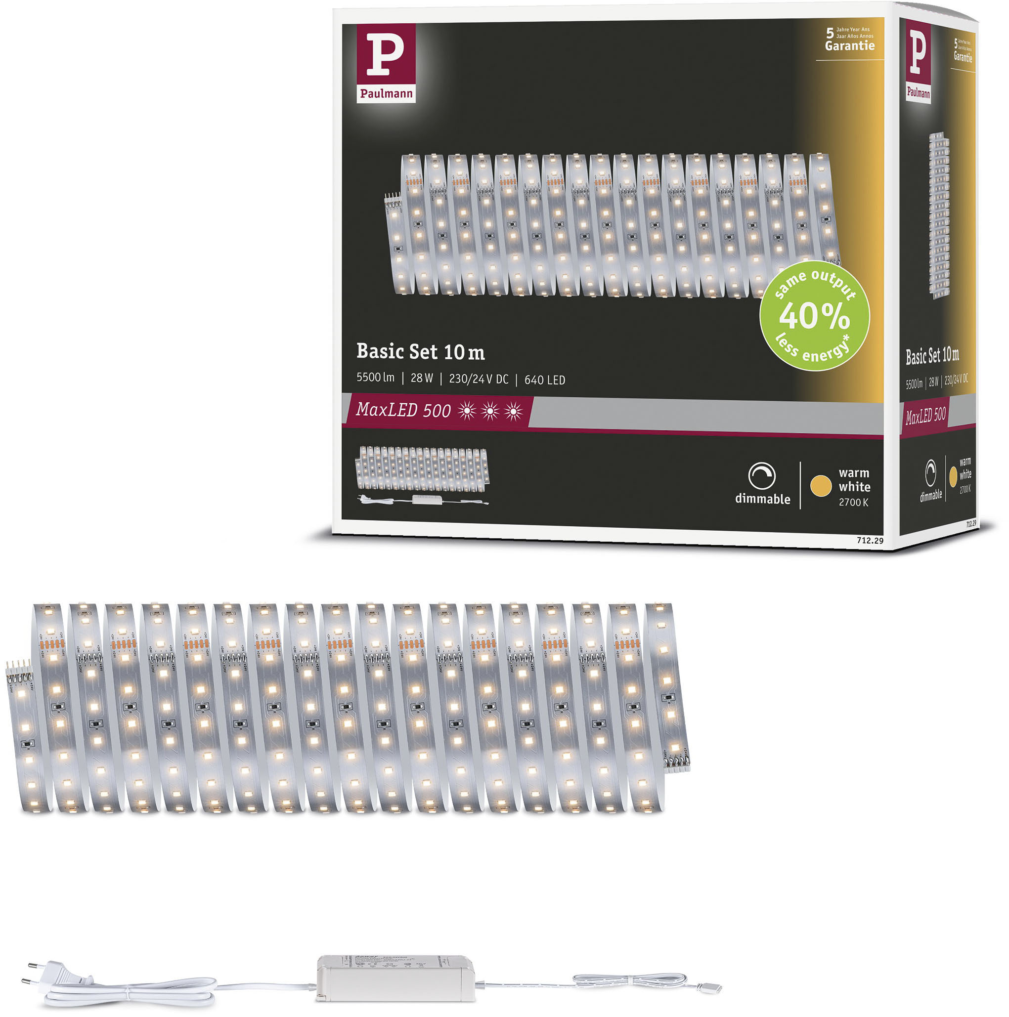 PAULMANN LED-Streifen "MaxLED 500 LED Strip Warmweiß Basisset", Dioden 640 Stk., Gesamtlänge 10m, silber, Küche, Lichterketten