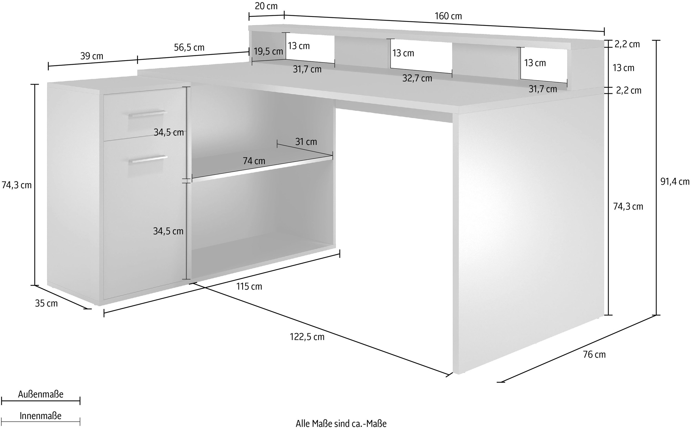 Home affaire Schreibtisch »Chester« 2 Stk. tlg. Gamingtisch mit Lowboard - Arbeitstisch Maße (B/T/H) 160/115/92 cm