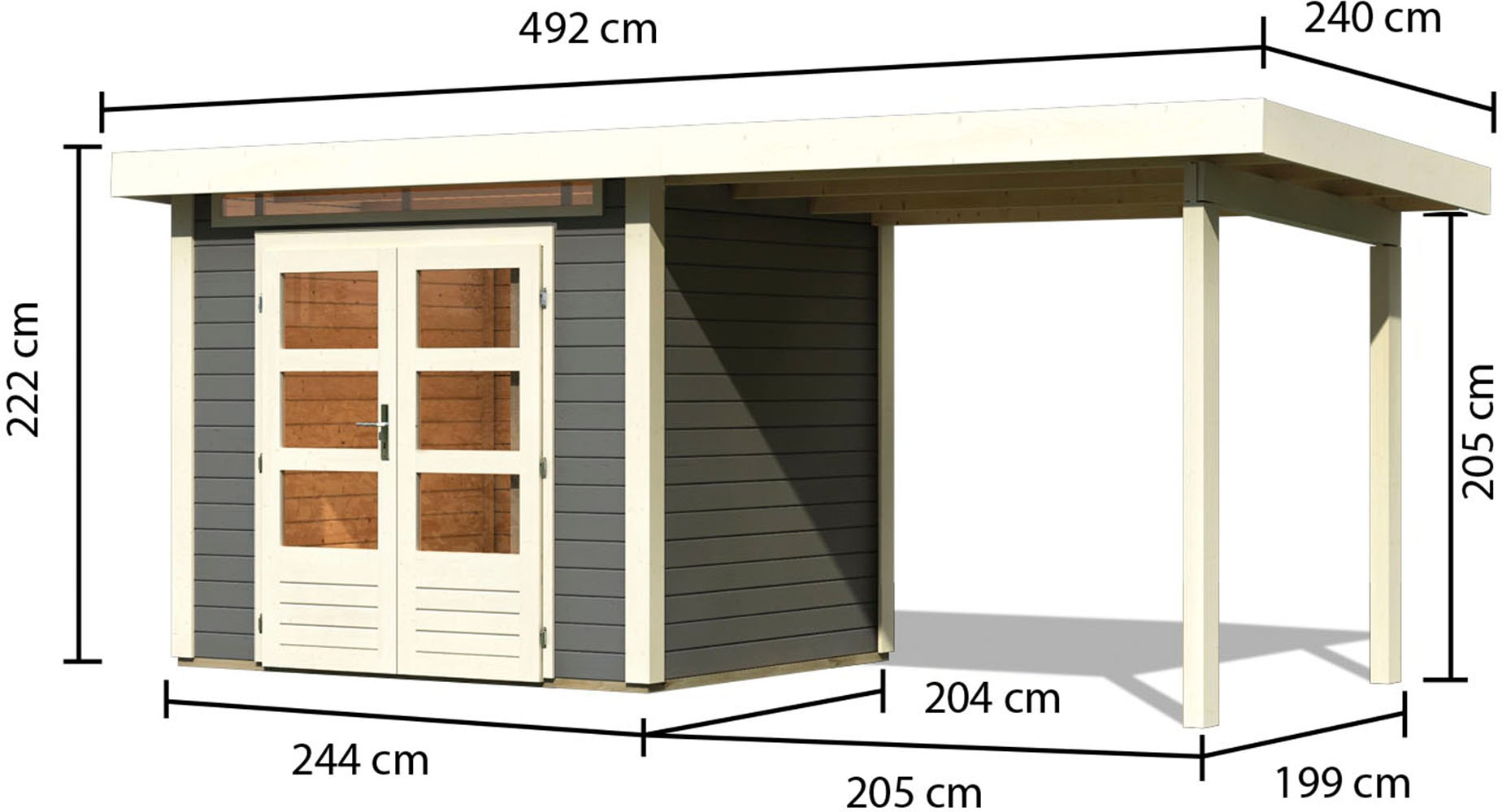 Karibu Gartenhaus »"Ammersee 2" SET mit Anbaudach 2,35 m Breite«, naturbelassen oder terragrau
