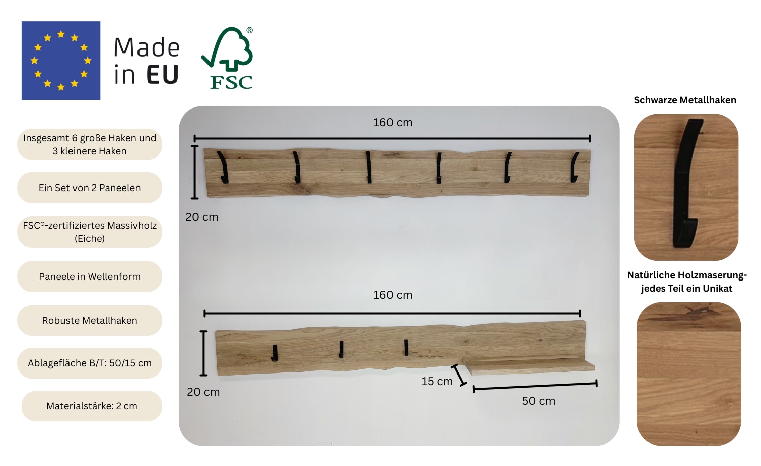 OTTO home Garderobenpaneel »Brodi« B/T/H: 160/20/17 cm, 2 Stk. tlg. aus massiver Eiche, FSC®-zertifiziert