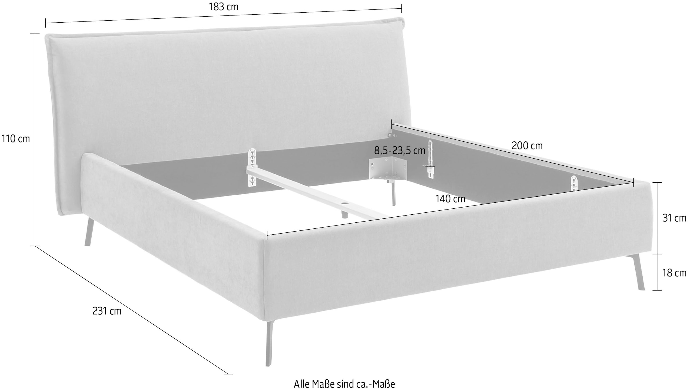 Home affaire Polsterbett »Aurela, liebevoll verarbeitete Biese & wahweise Überlänge« inkl. 7-fache Einlegetiefenverstellung & saugroboterfreundliche Höhe