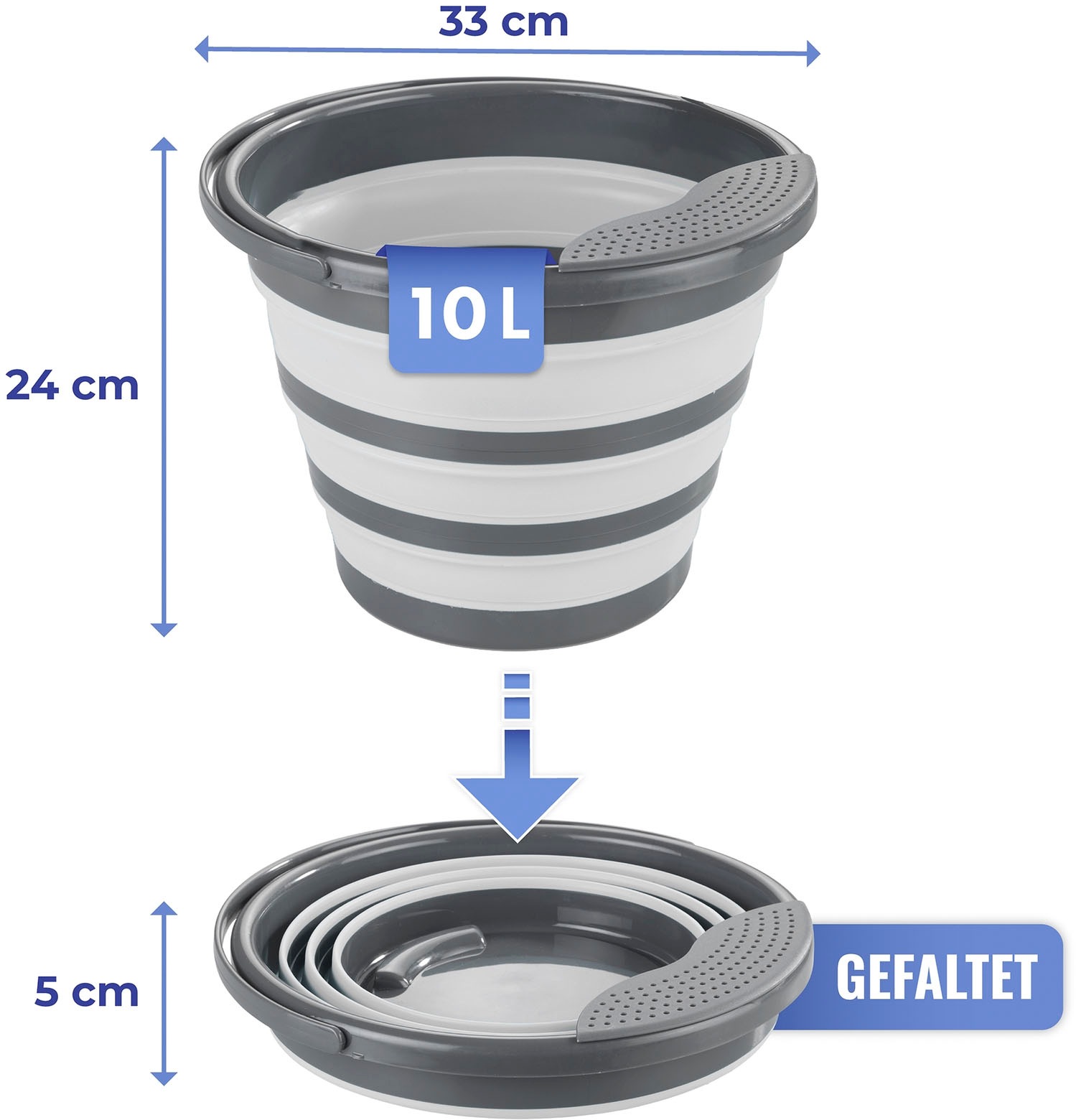 Maximex Falteimer, (Set, 2 tlg.), Griffmulde im Boden und Tragegriff, mit Abgießsieb, 10 L