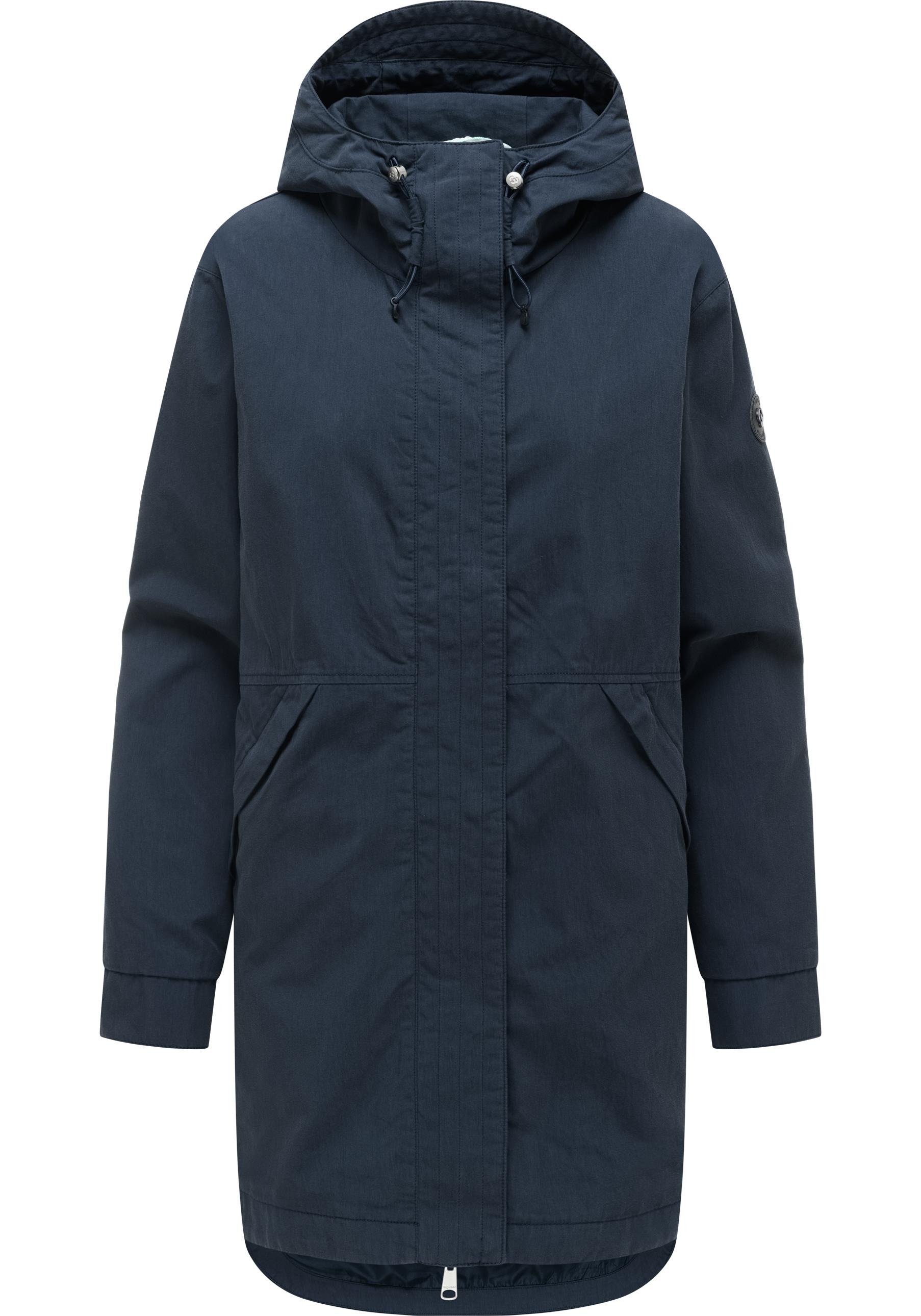 Kurzmantel RAGWEAR "Lamyja B", Damen, Gr. M (38), navy, Obermaterial: 68% Baumwolle, 32% Nylon; Innenfutter: 100% Polyester, oversize ca. Mitte Oberschenkel, hoch geschlossener Ausschnitt, verstellbar ohne Bündchen mit verstellbarem Klettverschluss, Mänte