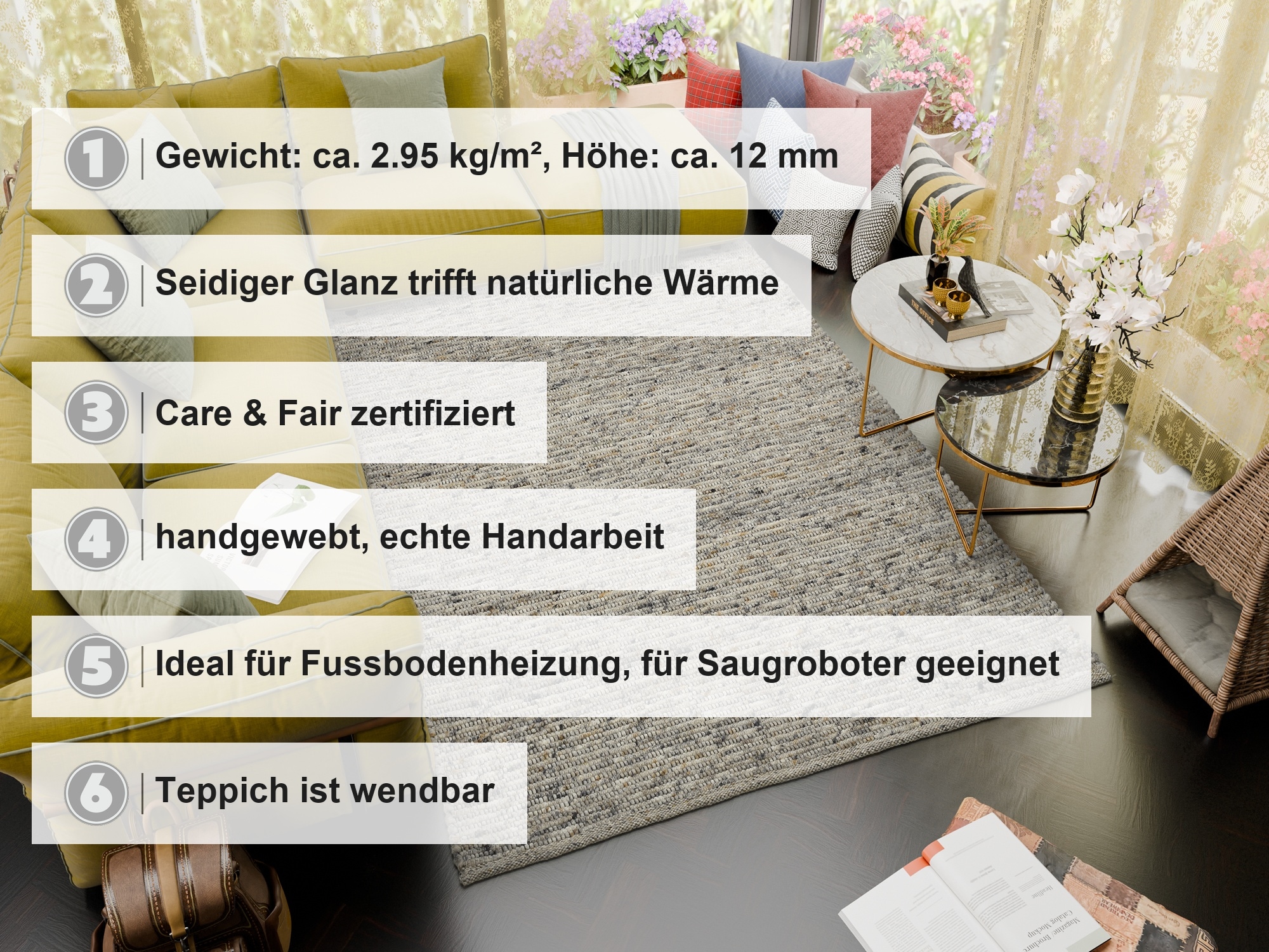 OCI DIE TEPPICHMARKE Wollteppich »ATRIUM HANDWEB  ,  auch als Läufer und in Rund erhältlich« rechteckig 12 mm Höhe 70% Wolle, handgewebt, Naturfasern, Wendeteppich, Wohnzimmer