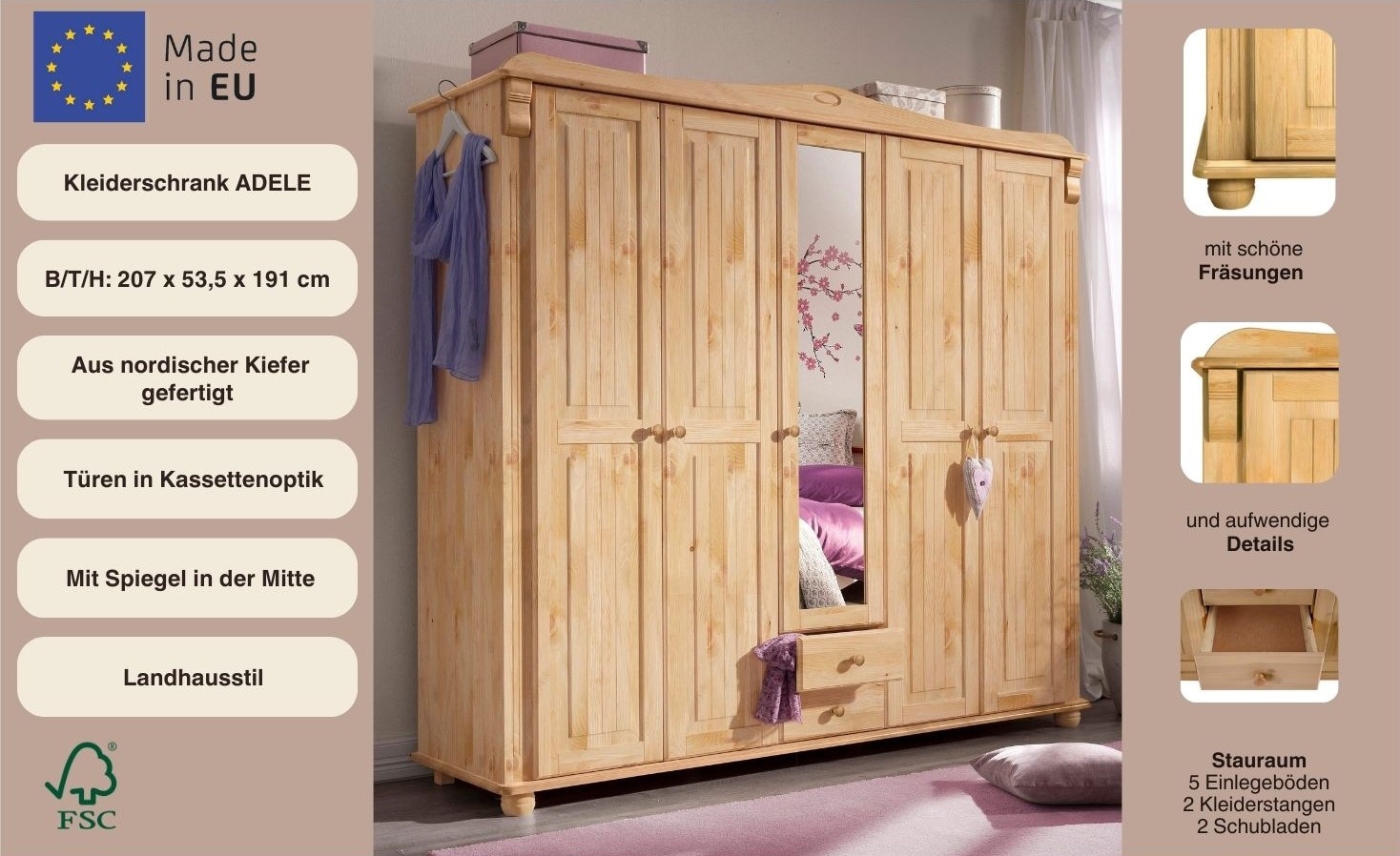Home affaire Kleiderschrank »Adele«, (4 Breiten: 92/130/169/207 H/T ca. 191/54 cm), aus massiver Kiefer,Spiegel beim 4-und 5-trg.Schrank, Innenausstattung