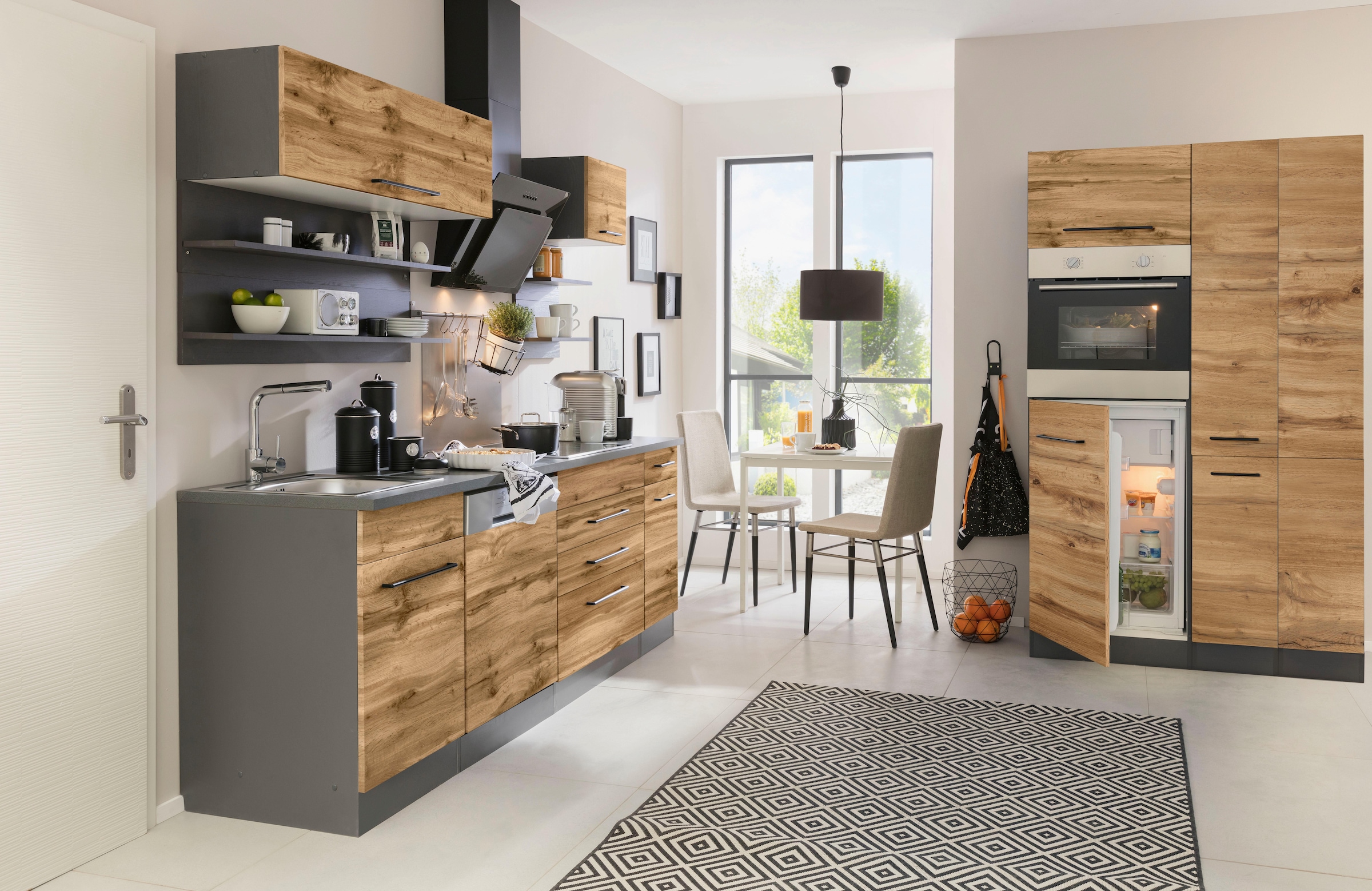 KOCHSTATION Küchenzeile »KS-Tulsa«, ohne E-Geräte, Breite 320 cm, schwarze Metallgriffe, MDF Fronten