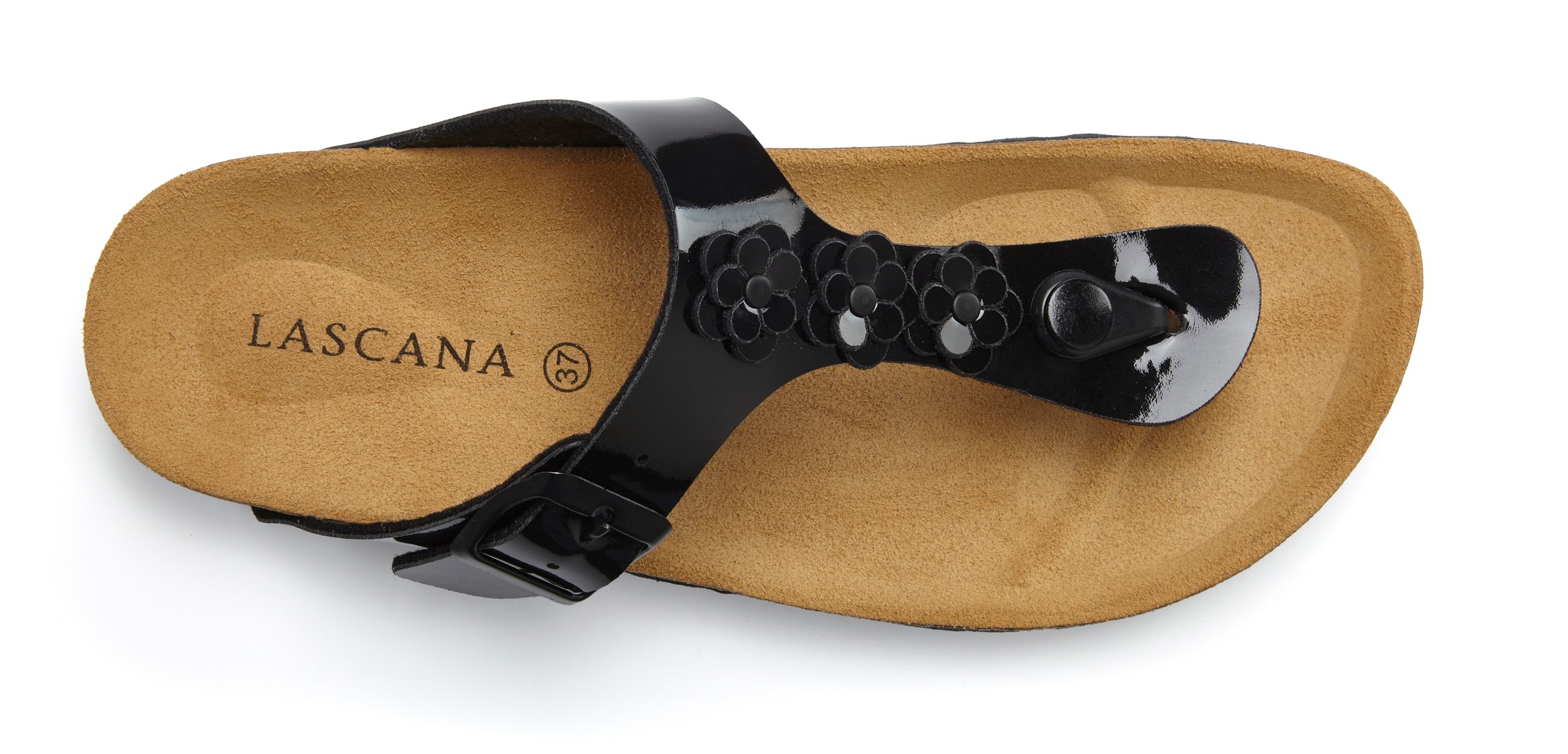 Zehentrenner LASCANA "Sandale, Pantolette, offener Schuh, Sommerschuh", Damen, Gr. 36, schwarz lack, Obermaterial: 100% Lederimitat. Decksohle: 100% Rindsleder. Futter: 100% Textilmaterial. Laufsohle: 100% Synthetik, glänzend, Schuhe Zehentrenner, mit kom 3