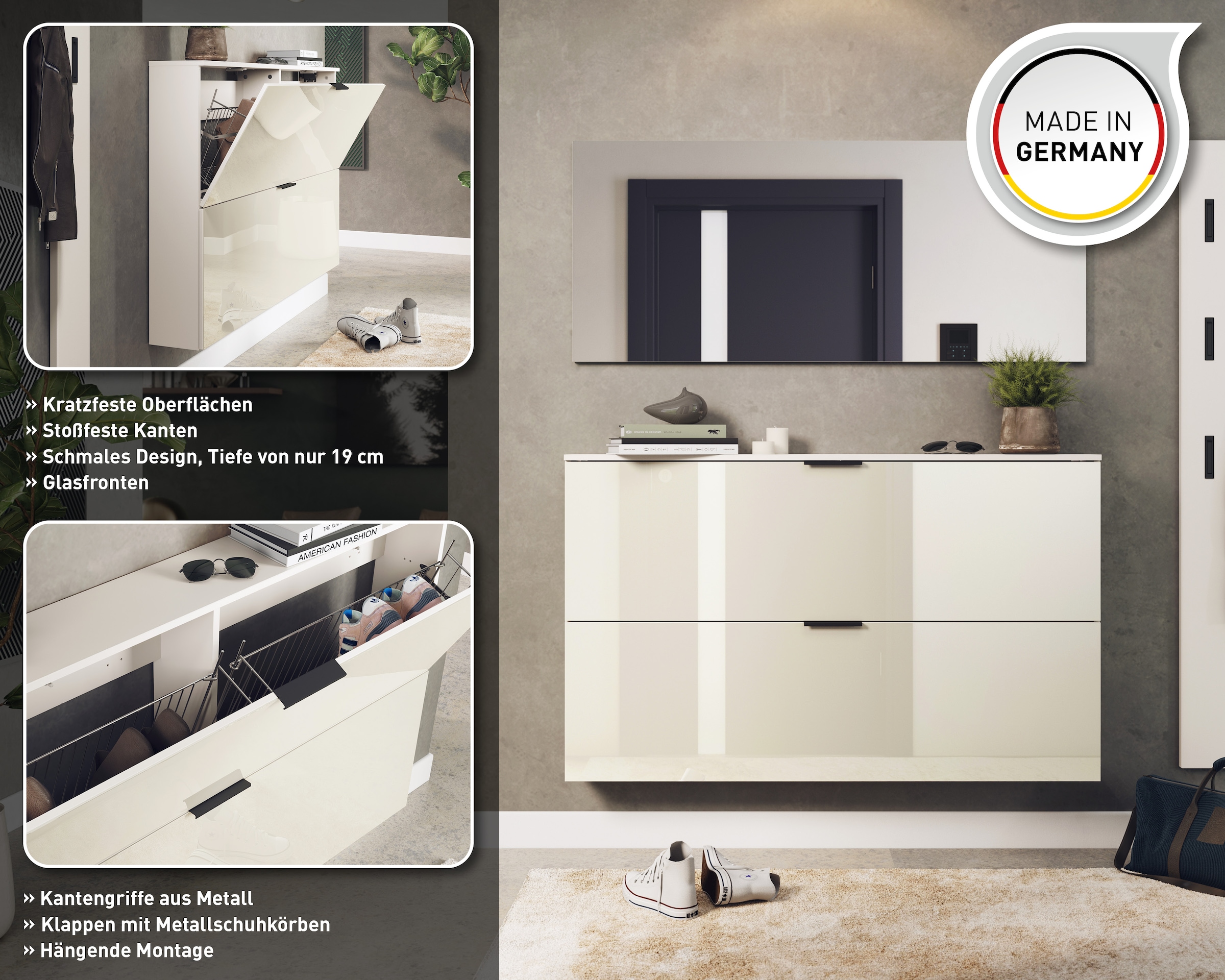 GERMANIA Garderoben-Set »Valega«, (3 St.), inkl. Schuhschrank mit Glasfronten, Spiegel und Garderobenpaneel