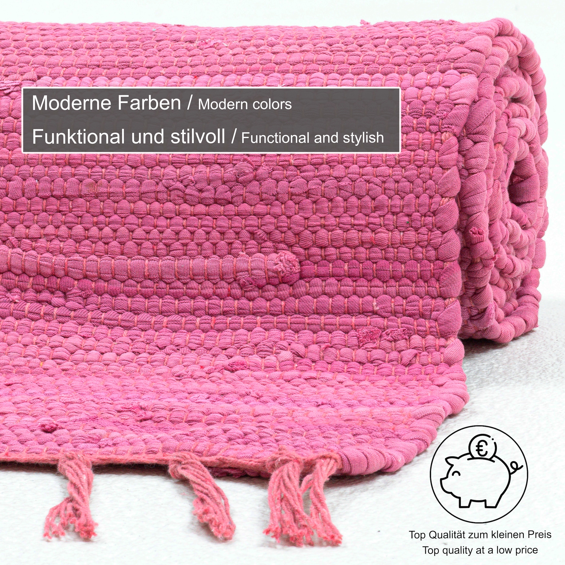 THEKO Teppich »Happy Cotton«, rechteckig, 5 mm Höhe, Handweb Teppich, Flachgewebe, reine Baumwolle, handgewebt, mit Fransen