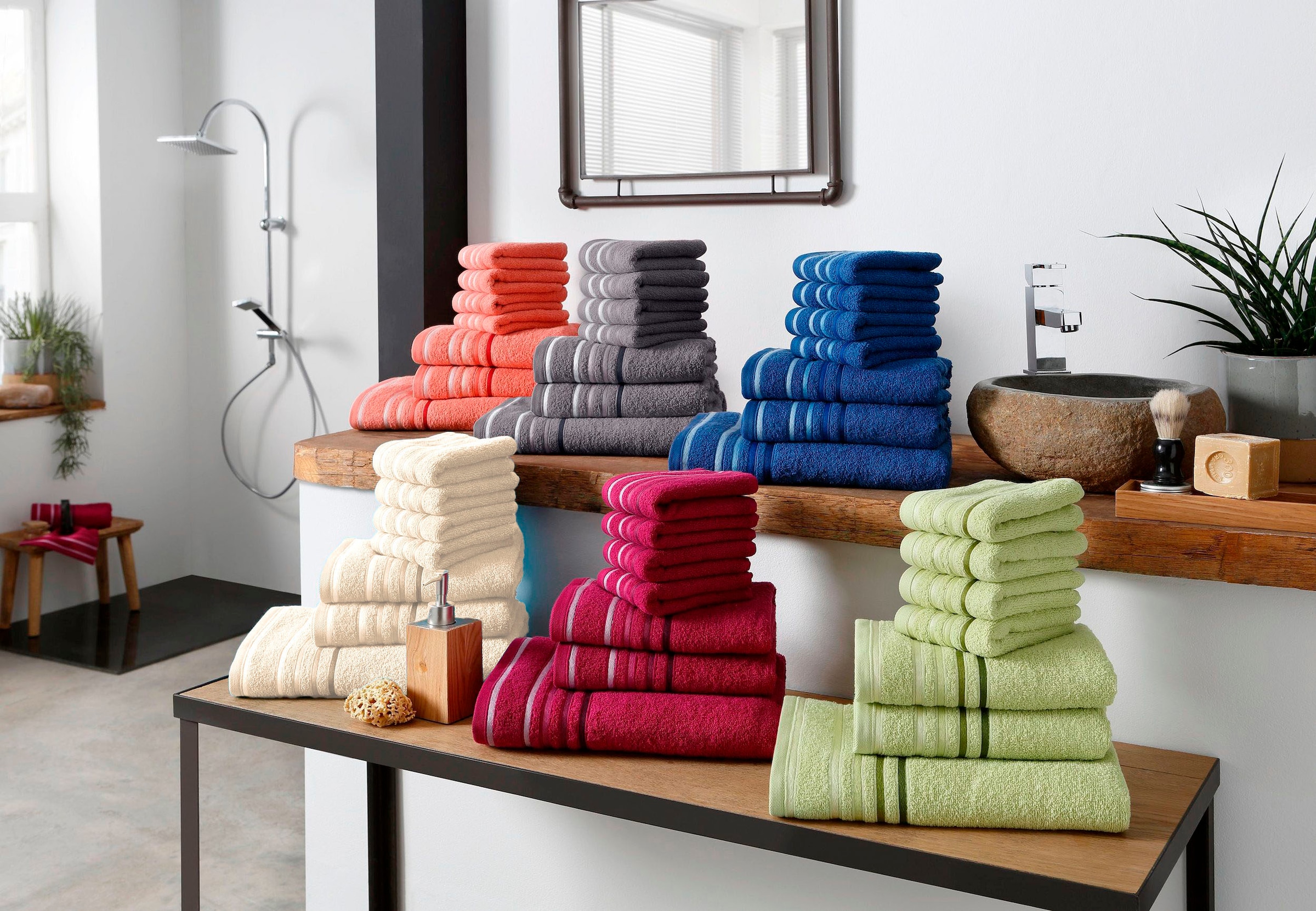 my home Handtuch »Niki«, Baumwolle aus Set Walkfrottee, Rechnung mit Streifenbordüre, Handtuchset tlg., auf 7 BAUR Set, mehrfarbiger 100% 
