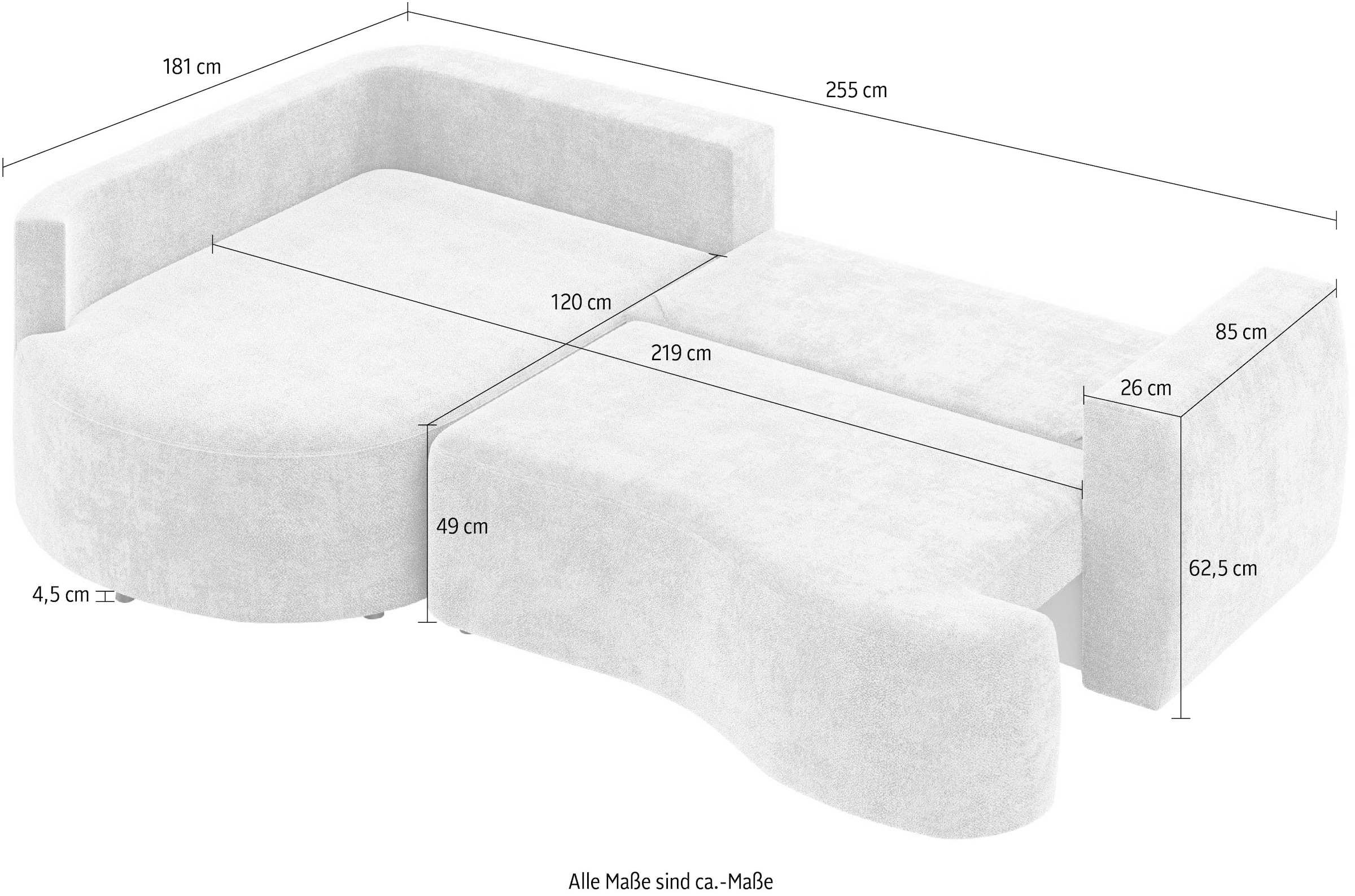 INOSIGN Ecksofa »Kahekili, Schlafsofa mit Bettkasten, Maße B/T/H: 255/181/90/ cm«, L-Form mit Wellenunterfederung, 7 Rückenkissen und 2 Zierkissen