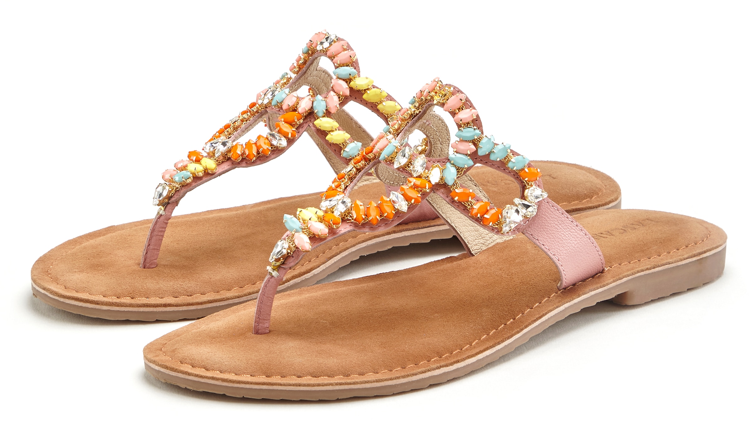 LASCANA Dianette, aus Leder mit bunten Schmuckelementen, Zehenstegpantolette, offener Schuh