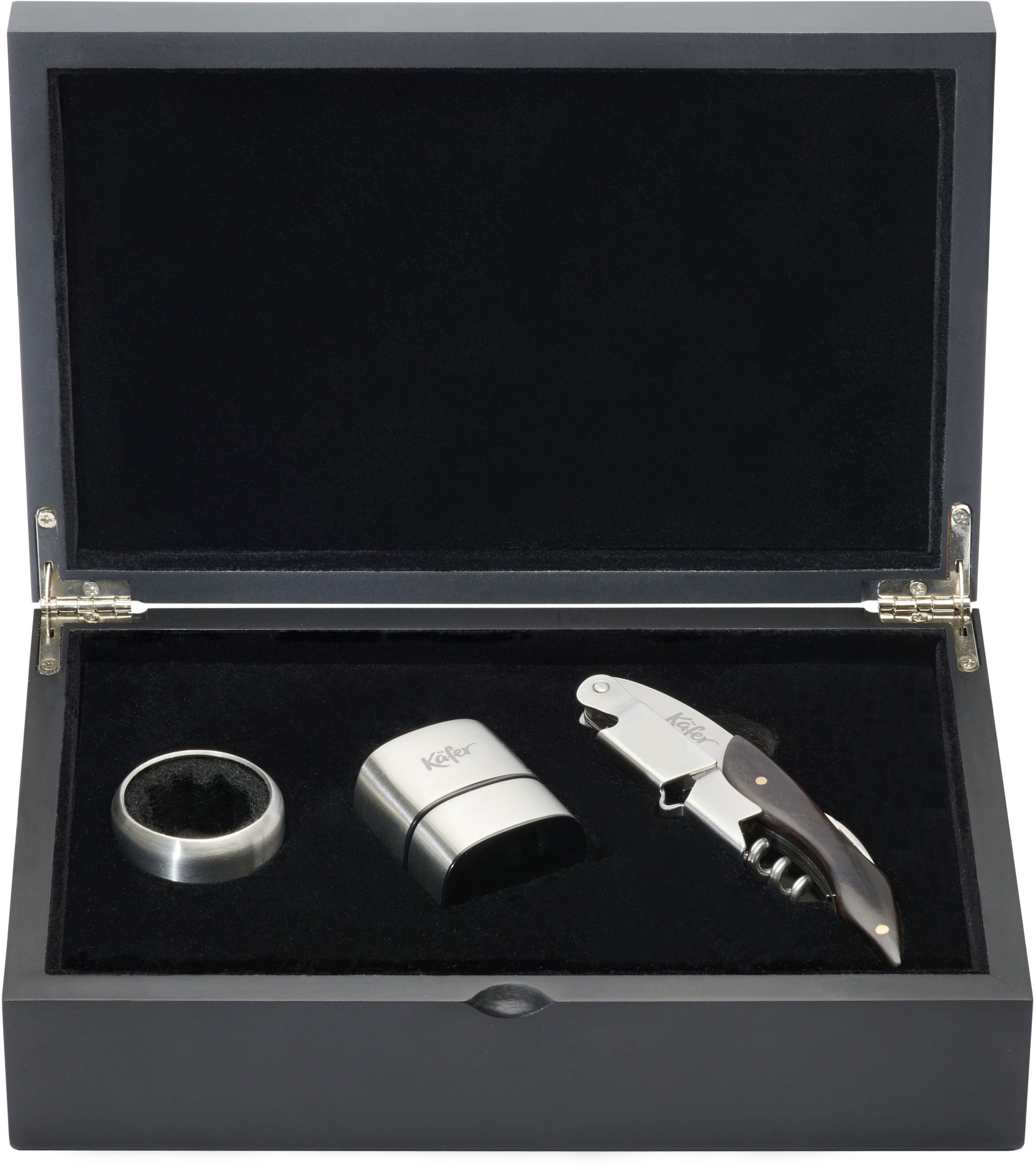 Käfer Weinflaschenöffner Hochwertige Holzbox, gebürsteter Edelstahl, für Champagner & Perlweine