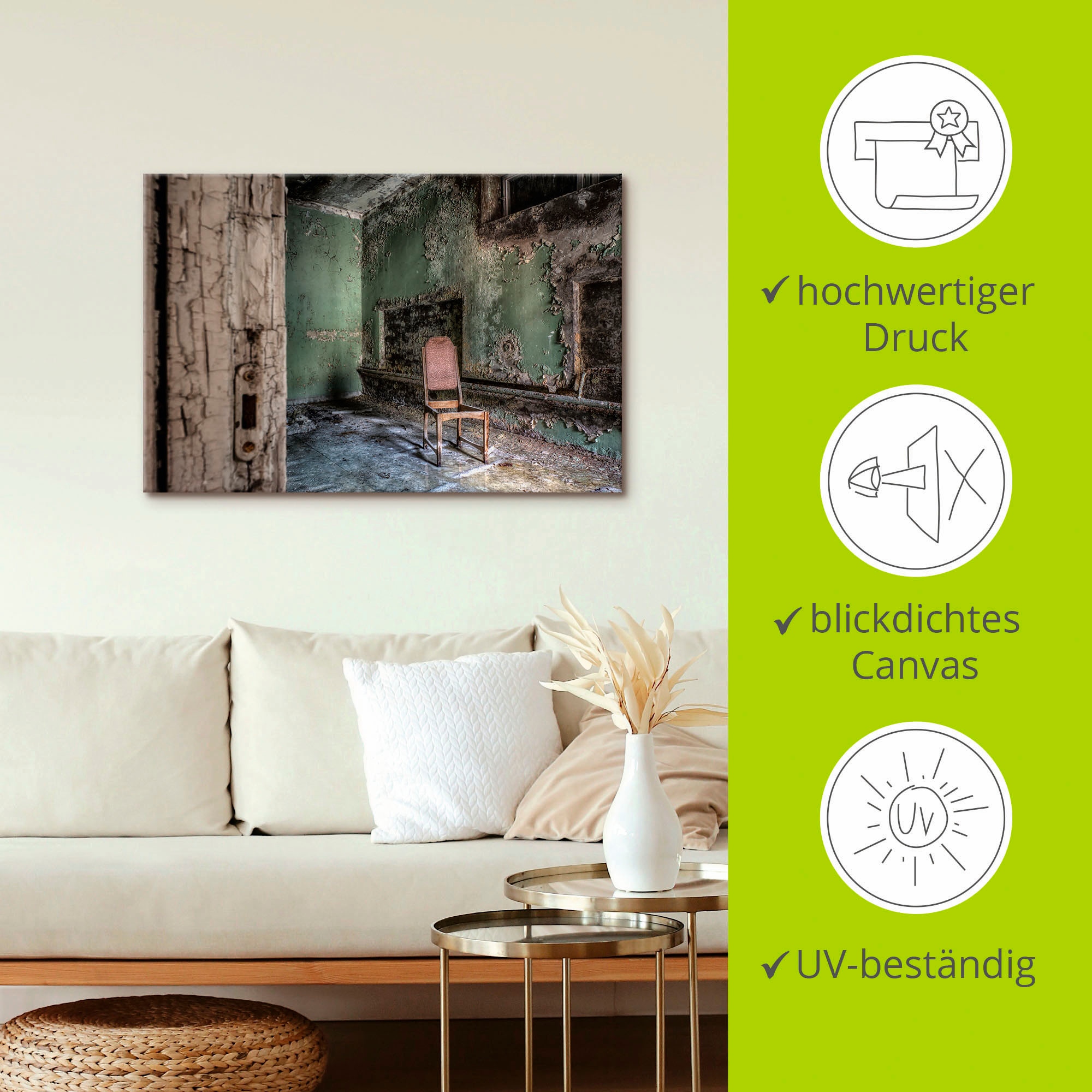 Artland Wandbild »Lost Place - einsamer Stuhl«, Fenster & Türen, (1 St.), als Alubild, Outdoorbild, Leinwandbild, Poster, Wandaufkleber