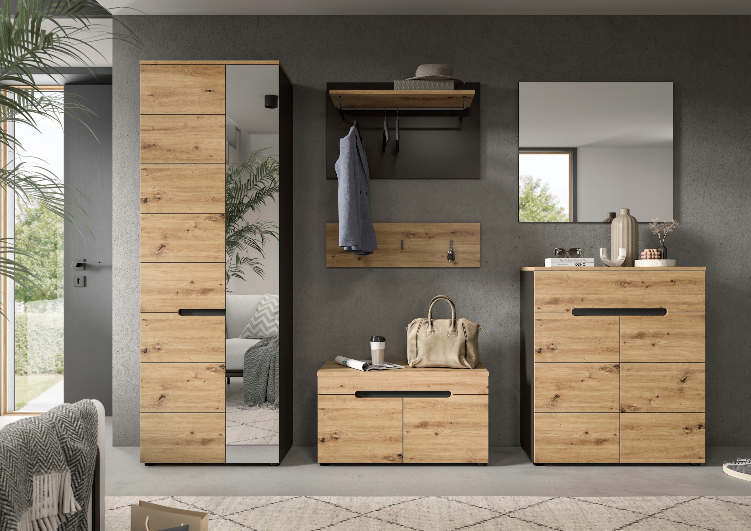 INOSIGN Garderoben-Set »Garderobenkombination Rehat, Breite 255cm,in Basalt grau/Artisan Eiche«, (6 St.), Flurmöbel, Dielenmöbel, Kombination, Diele, Garderobe, Garderobenmöbel