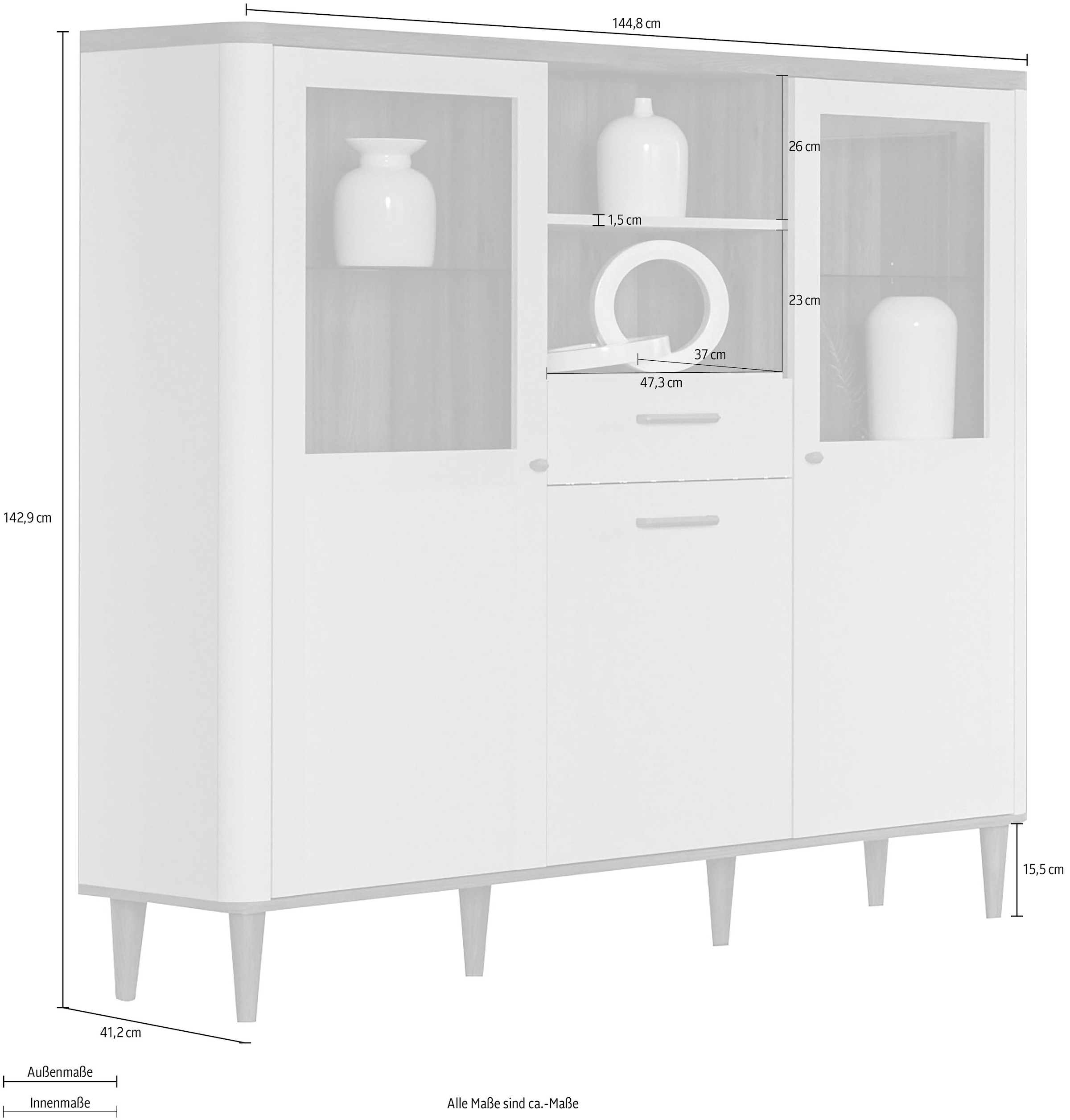 FORTE Vitrine »Lacetti« B/H/T 144,8/142,9/41,2 cm, Echtholzfüße