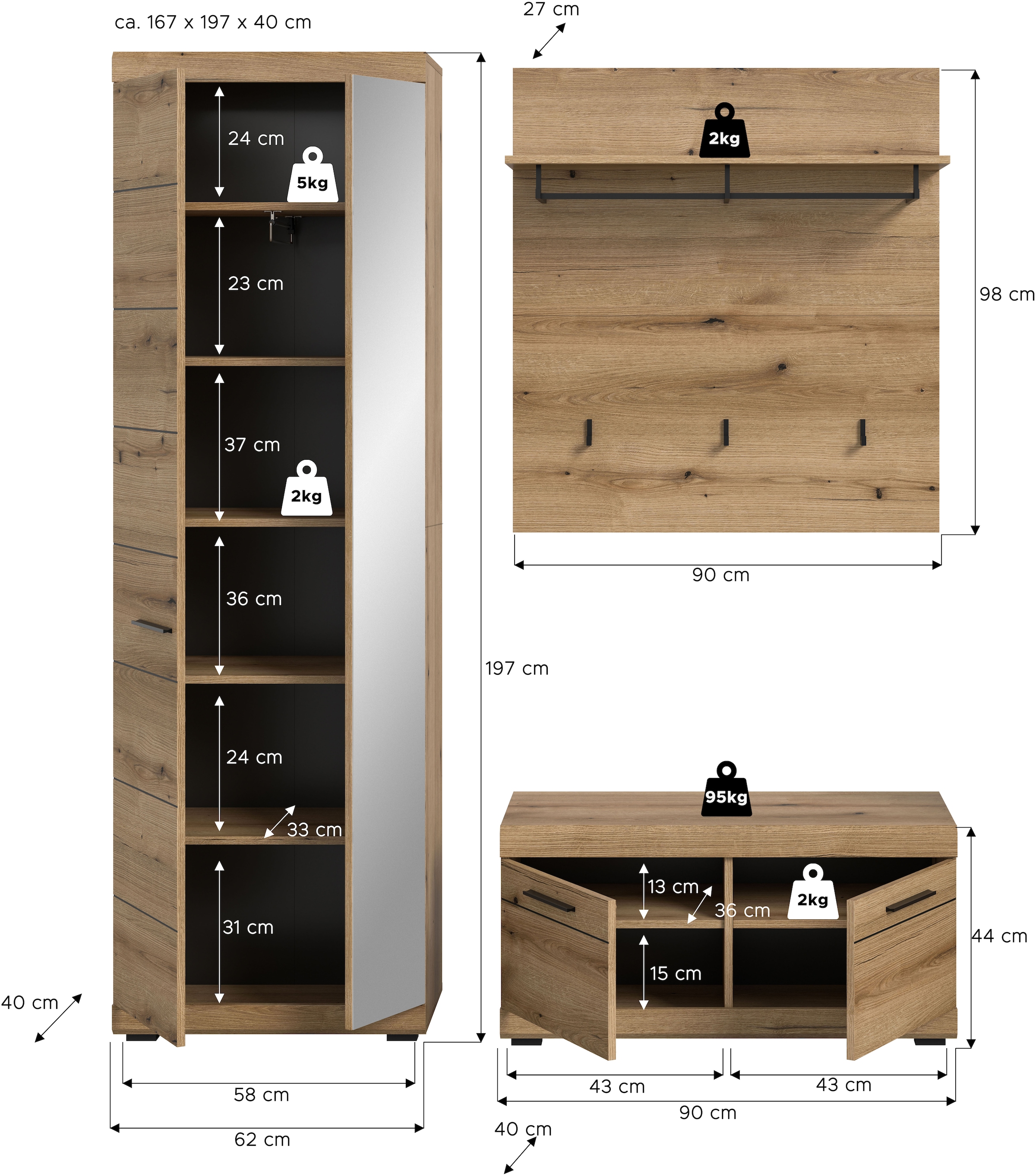 INOSIGN Garderoben-Set »Siena, Fronten mit hochwertiger Rillenfräsung, 3-teilig,bestehend aus:«, (Komplett-Set, 3 St.), Scout Garderobenkombination 3-tlg., Flur, Diele