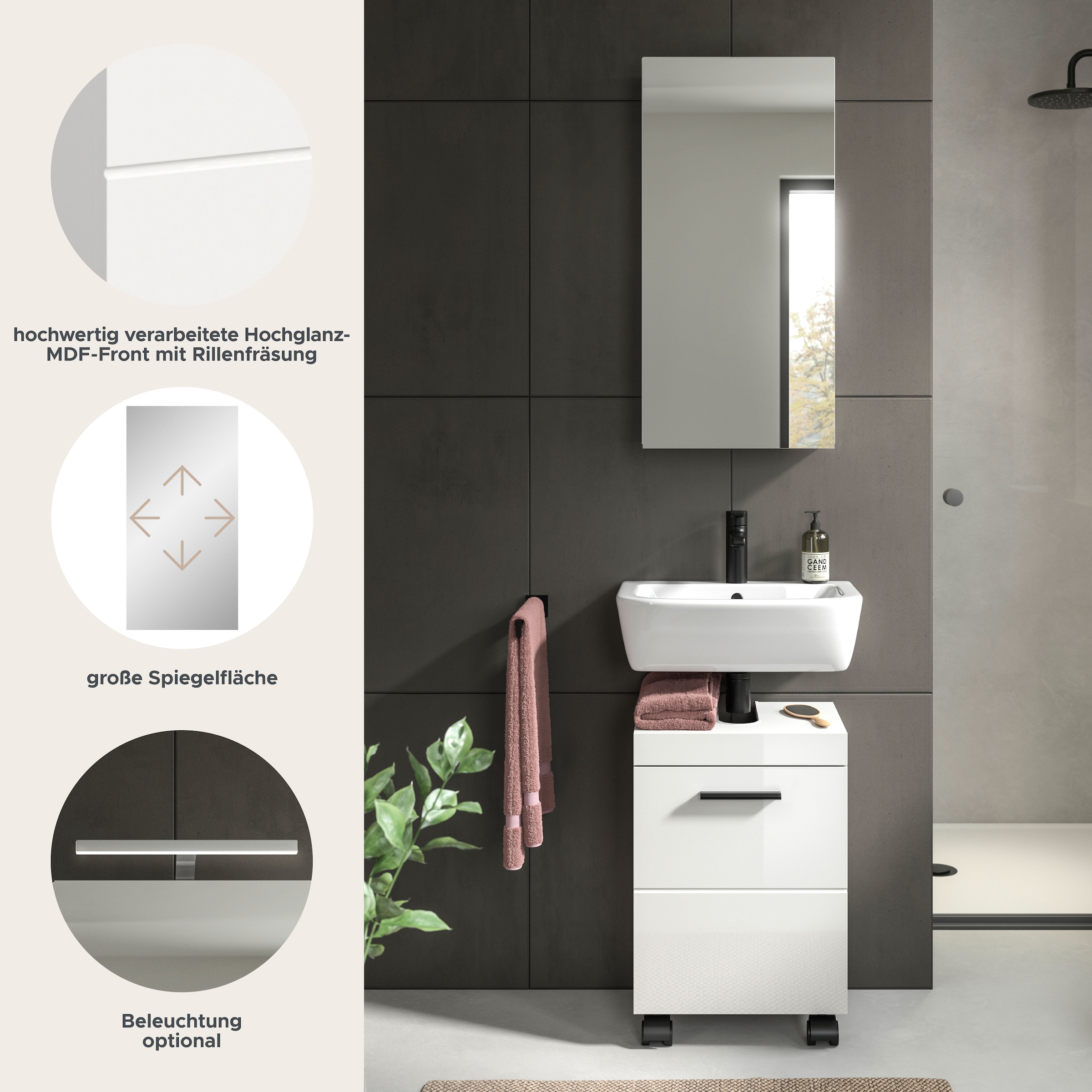 welltime Badmöbel-Set »AVON, Breite 40 cm, 2-teilige moderne Badkombination, auf Rollen« bestehend aus: Waschbeckenunterschrank & Spiegelschrank, 2 Stk. tlg.