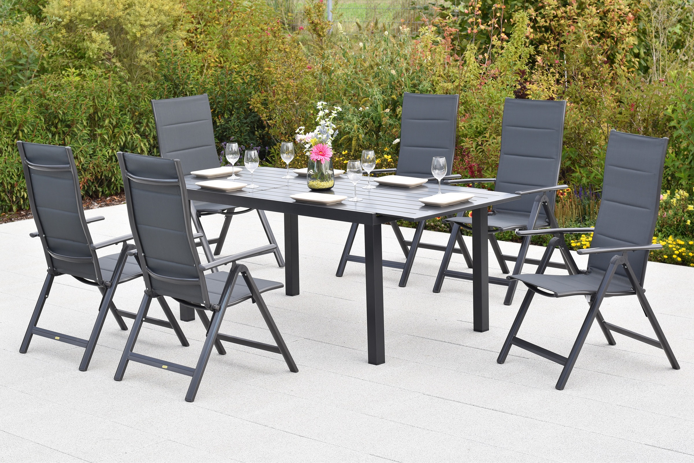MERXX Garten-Essgruppe »Taviano« Set, 7 tlg. inkl. 6 Klappsessel, 1 Ausziehtisch