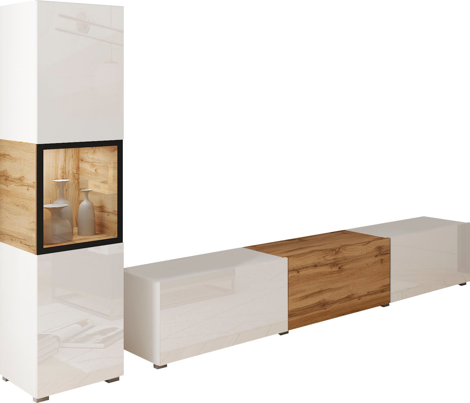 INOSIGN Wohnwand "BERLIN I", (Komplett-Set, 2 St.), moderne grifflose Mediawand Breite 220 cm, Vitrine mit Verglasung