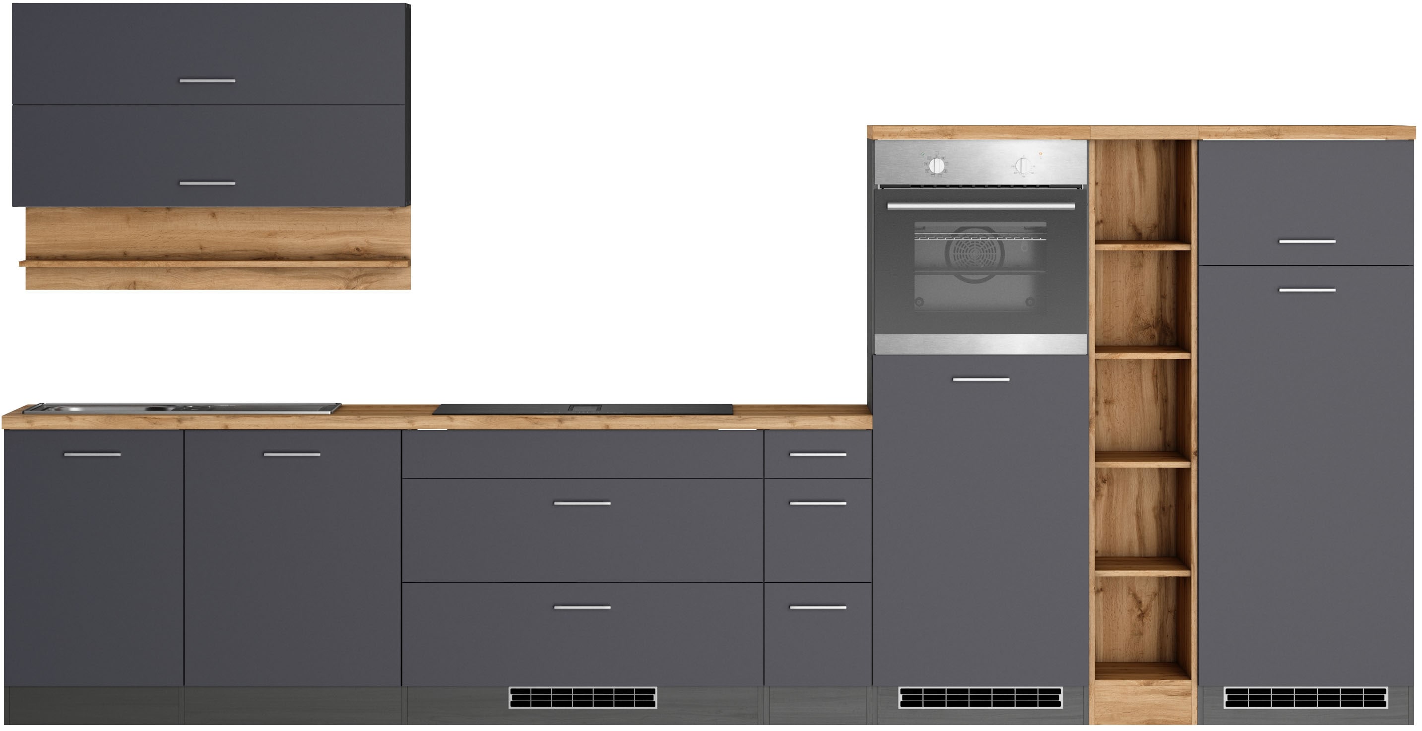 KOCHSTATION Küchenzeile "KS-Milan, optional mit Muldenlüfter" Breite 390 cm, wahlweise mit E-Geräten, Kochfeld mit Dunstabzug