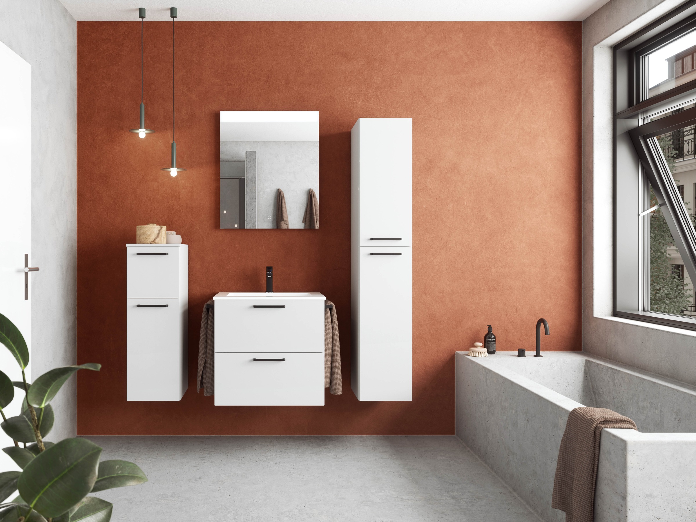 nobilia® Badmöbel-Set »Tolvina«, (2 St., vormontiert, mit Soft-Close), Hochglanz, inkl. Spiegel mit Touch-Sensor, in vier Breiten