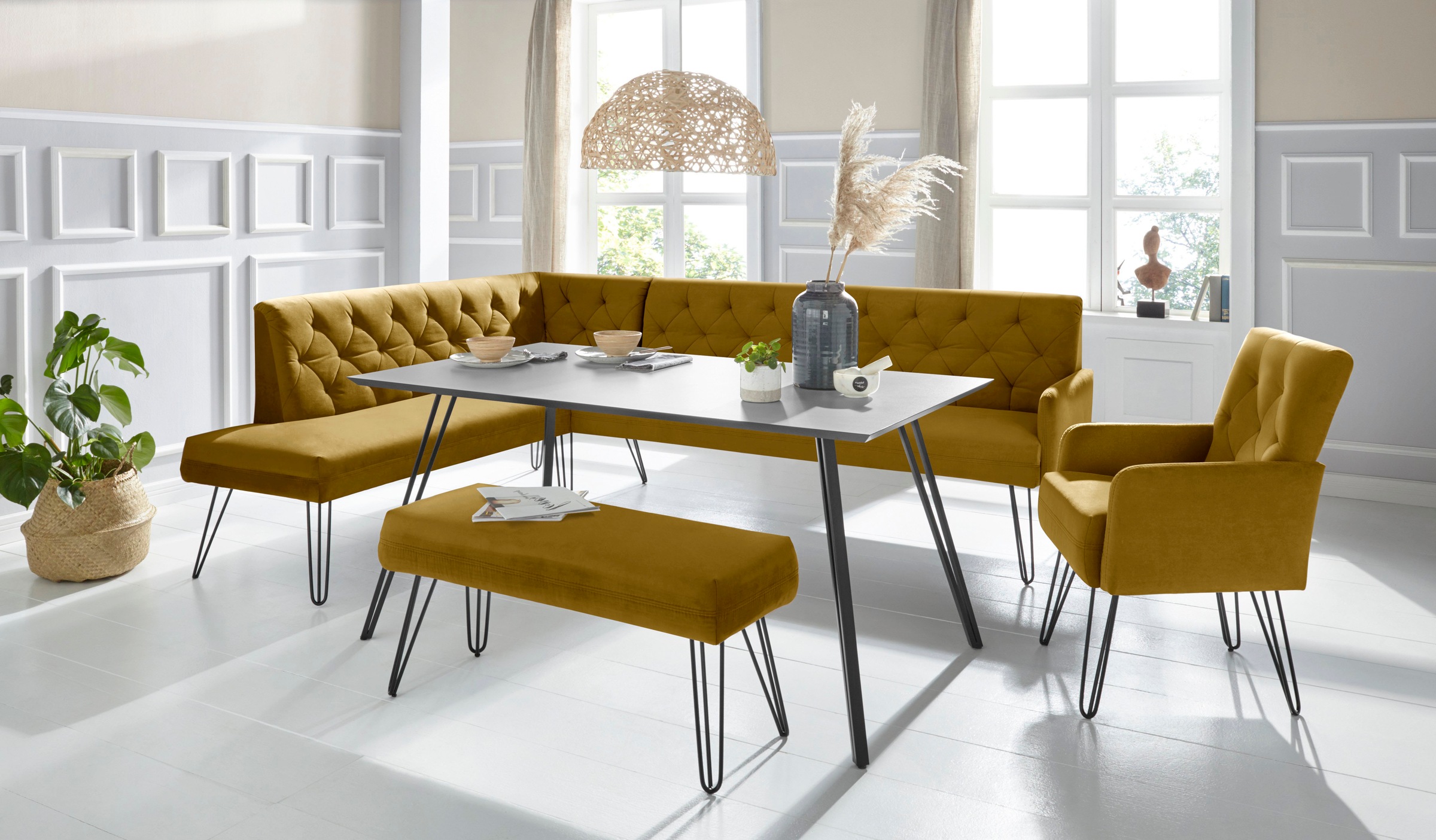 exxpo - sofa fashion Eckbank »Doppio, Chesterfield Optik, komfortabel und bequem, hohe Designfüße«, Frei im Raum stellbar