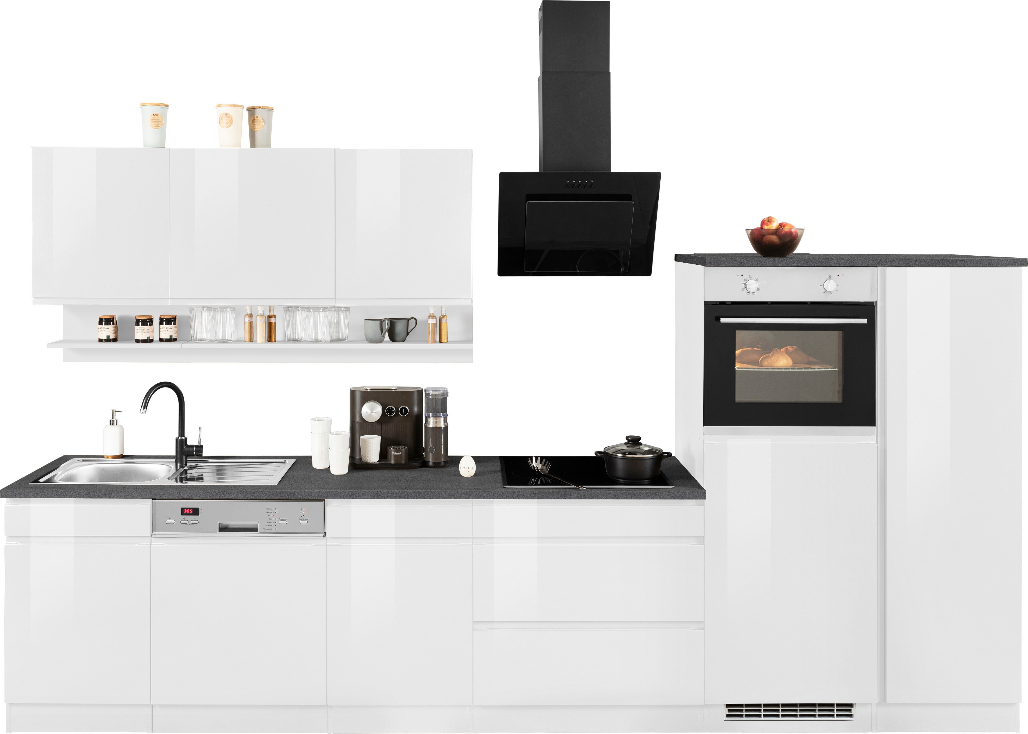 KOCHSTATION Küchenzeile "KS-Virginia,neu in verbesserter Ausführung" Arbeitsplatte 38 mm stark, Stauraum, Softclose, Breite 350 cm,Soft-Close, mit Glaskeramik-oder Induktionskochfeld