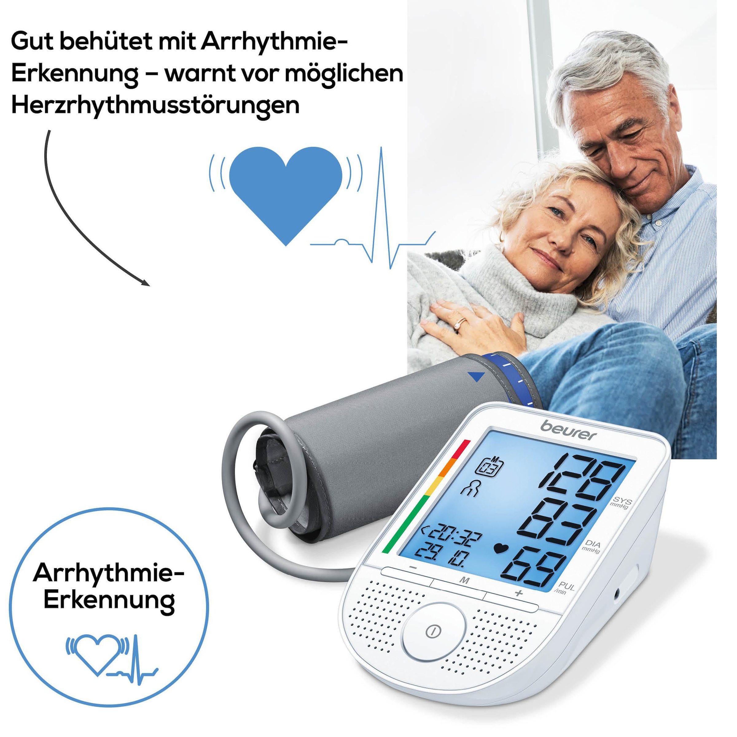 BEURER Oberarm-Blutdruckmessgerät »BM 49 mit Sprachausgabe in DE, FR, IT, NL«, Mit Arrhythmie-Erkennung, inkl. Aufbewahrungstasche und Blutdruckpass