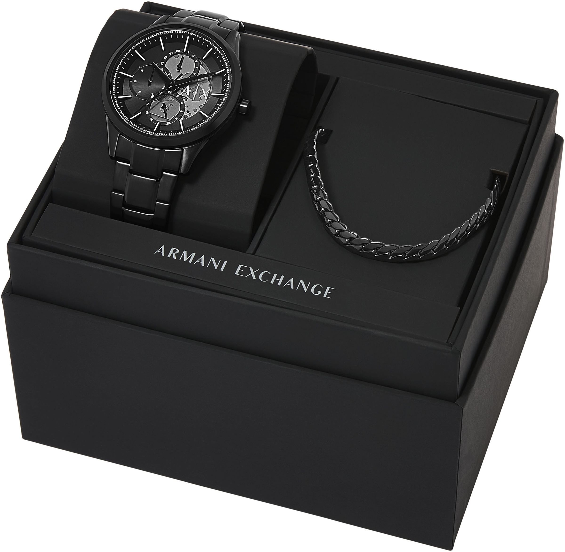 ARMANI EXCHANGE Multifunktionsuhr, (Set, 2 tlg., mit Kette), Armbanduhr, Herrenuhr, Edelstahlarmband, ideal auch als Geschenk