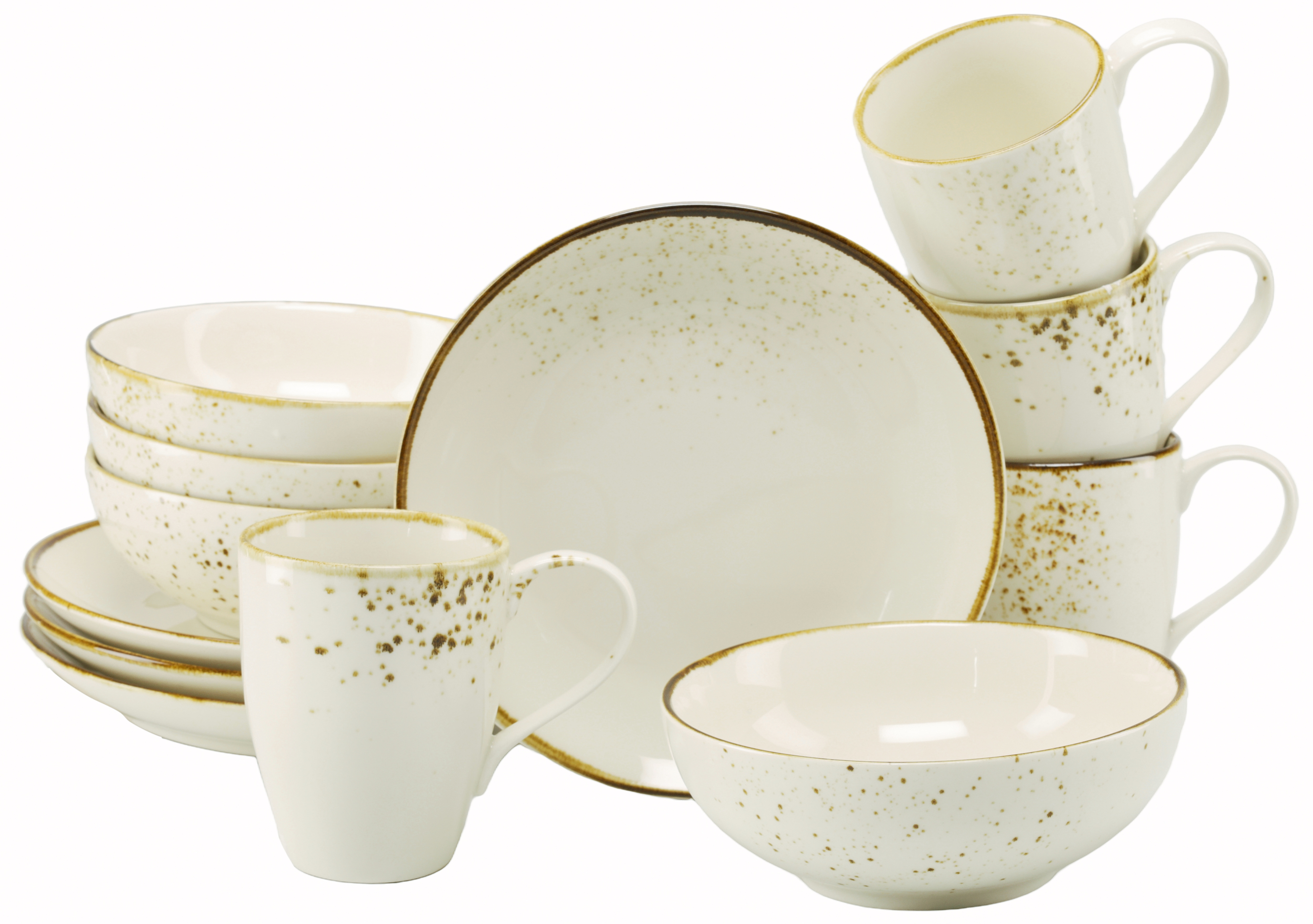 CreaTable Kaffeeservice "Nature Collection, Service, 12-tlg." Handgemalte Sprenkel und Ränder, Reaktivglasur