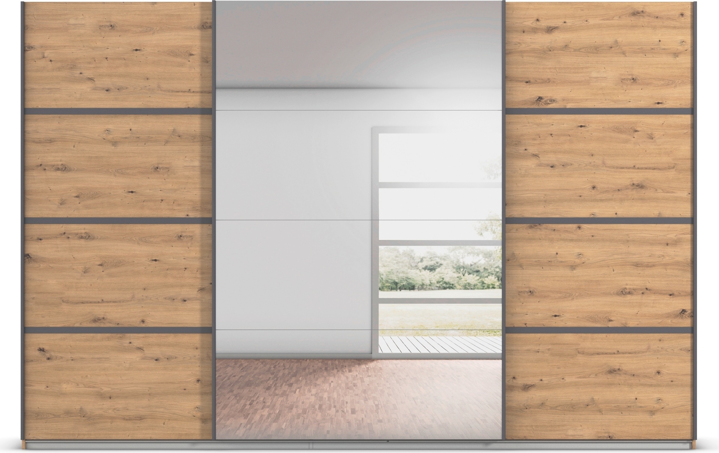 rauch Kleiderschrank »Schwebetürenschrank Garderobe Schrank TOP ANGEBOT Avola«, (in 3 verschiedenen Ausstattungen BASIC/CLASSIC/PREMIUM inkl. Spiegel), mit eleganten Zierleisten in Chrom, Schwarz oder Weiß MADE IN GERMANY