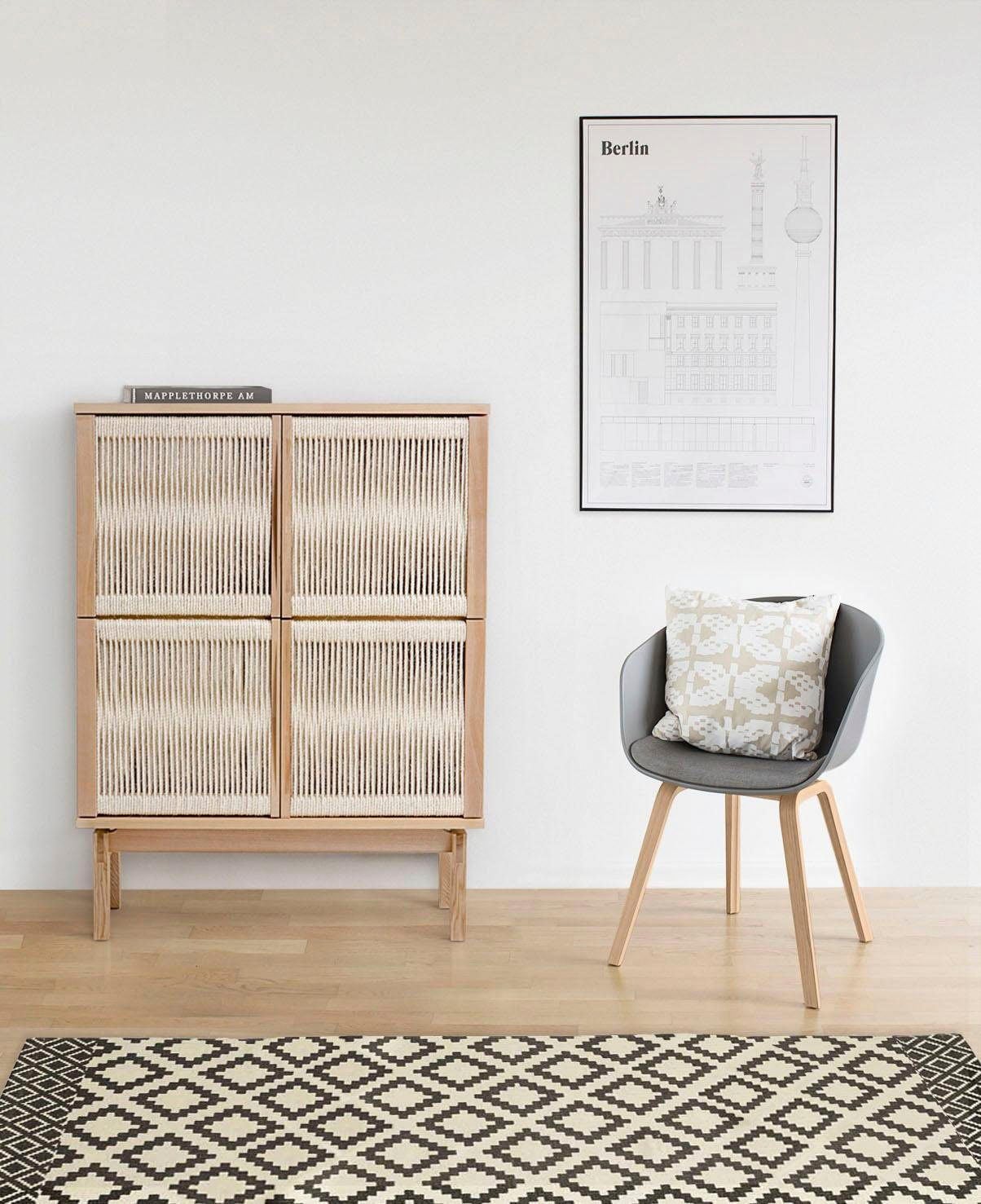 Woodman Highboard "Lidia, Kommode, Hochkommode" Stauraumschrank, Türenfronten aus geflochtenem Hanfseil, Breite 90 cm