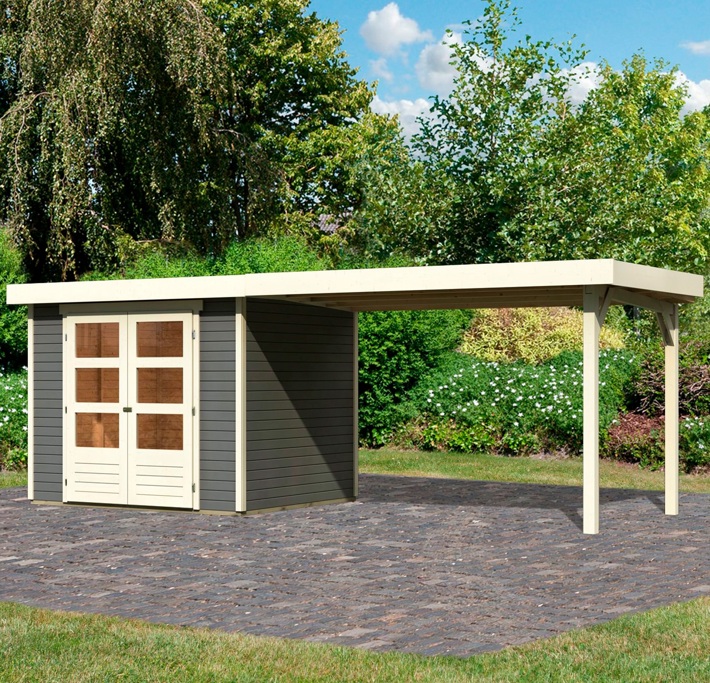 Karibu Gartenhaus "Arnis" mit Anbaudach 2,80 m Breite günstig online kaufen