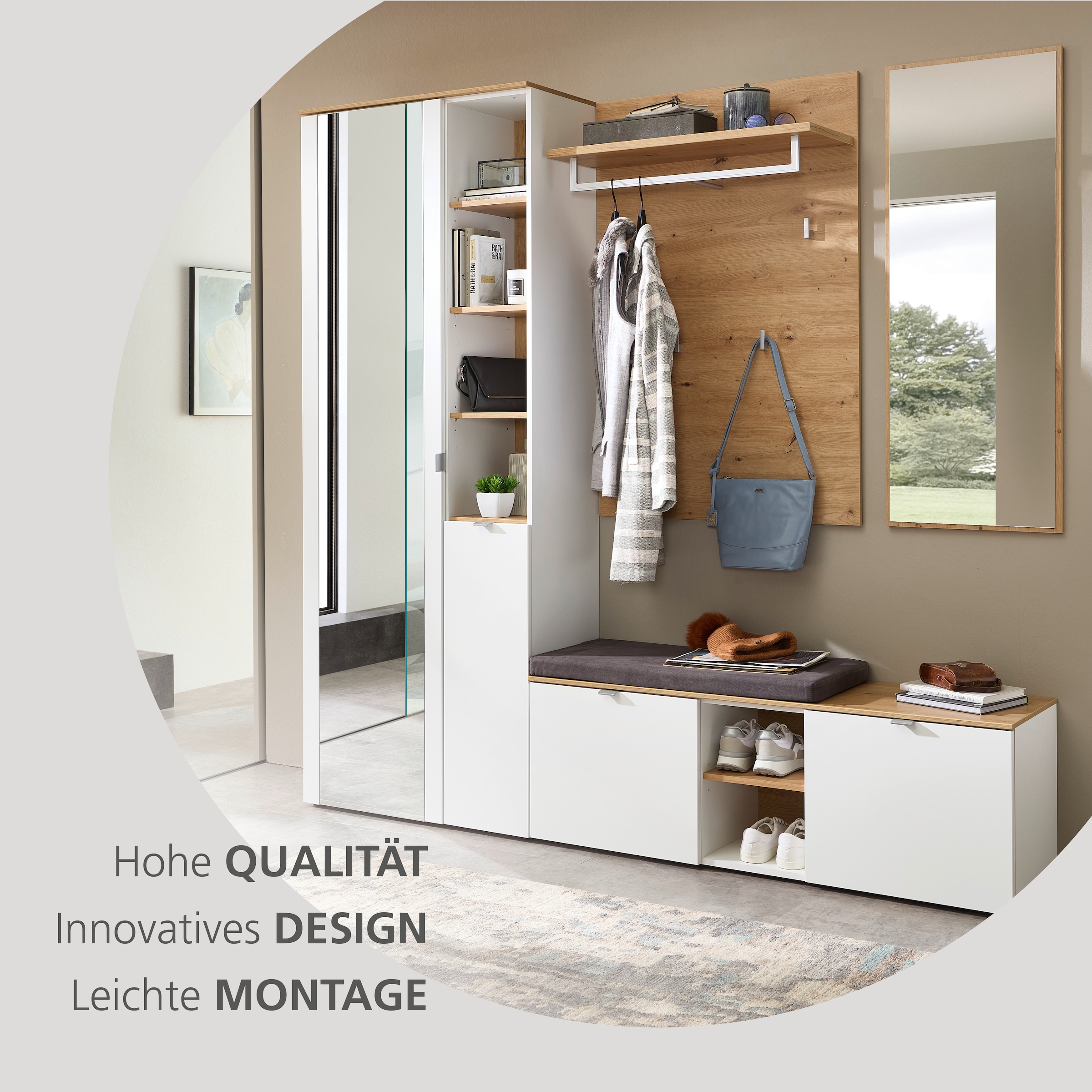 Innostyle Garderobenschrank »BARI Garderobenschrank mit Spiegel, BxHxT 78x202x38 cm«, (1 St.), 2 türig, 10 Fächer, Softclose, ABS Kantenschutz, Kleiderstange