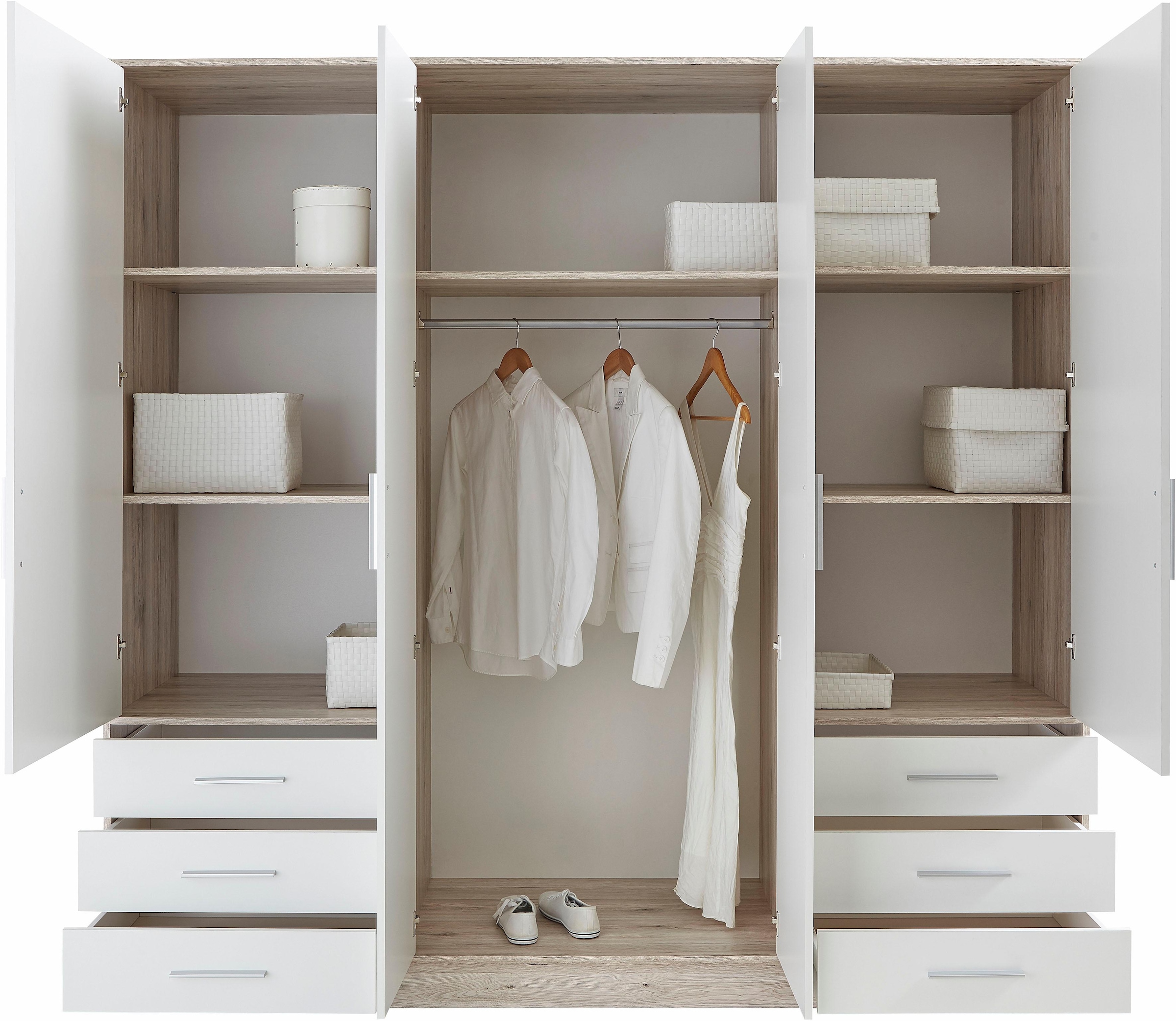 FORTE Kleiderschrank »Jupiter, Made in Europe, mit Schubladen«, (Maße (T/H): 60/200 cm), Stauraum, 2 Breiten, 4 Farben, Schubladen, variable Einlegeböden