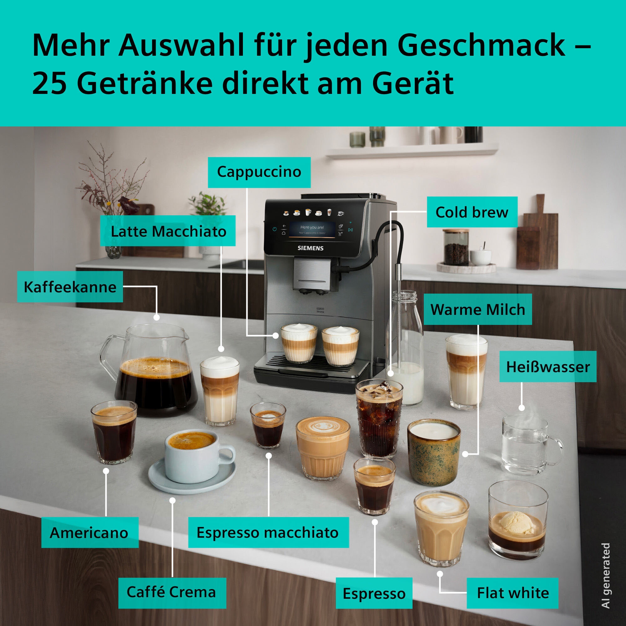 SIEMENS Kaffeevollautomat »EQ600 TP603E07, 6 Getränke, XL-Getränke, bis zu 480ml, Keramikmahlwerk« Doppeltassenfunktion, Kannenfunktion, entnehmbare Brüheinheit, Silber