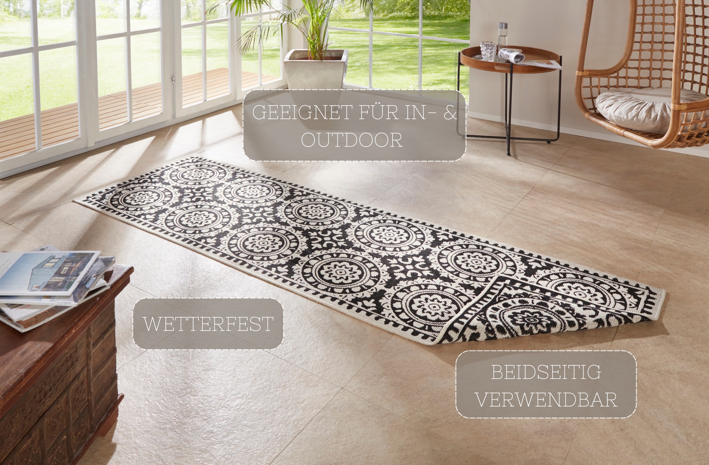 NORTHRUGS Läufer »Jardin«, rechteckig, 5 mm Höhe, Wendeteppich, In-& Outdoor, Vintage, Balkon, Garten, Wohnzimmer, Flur