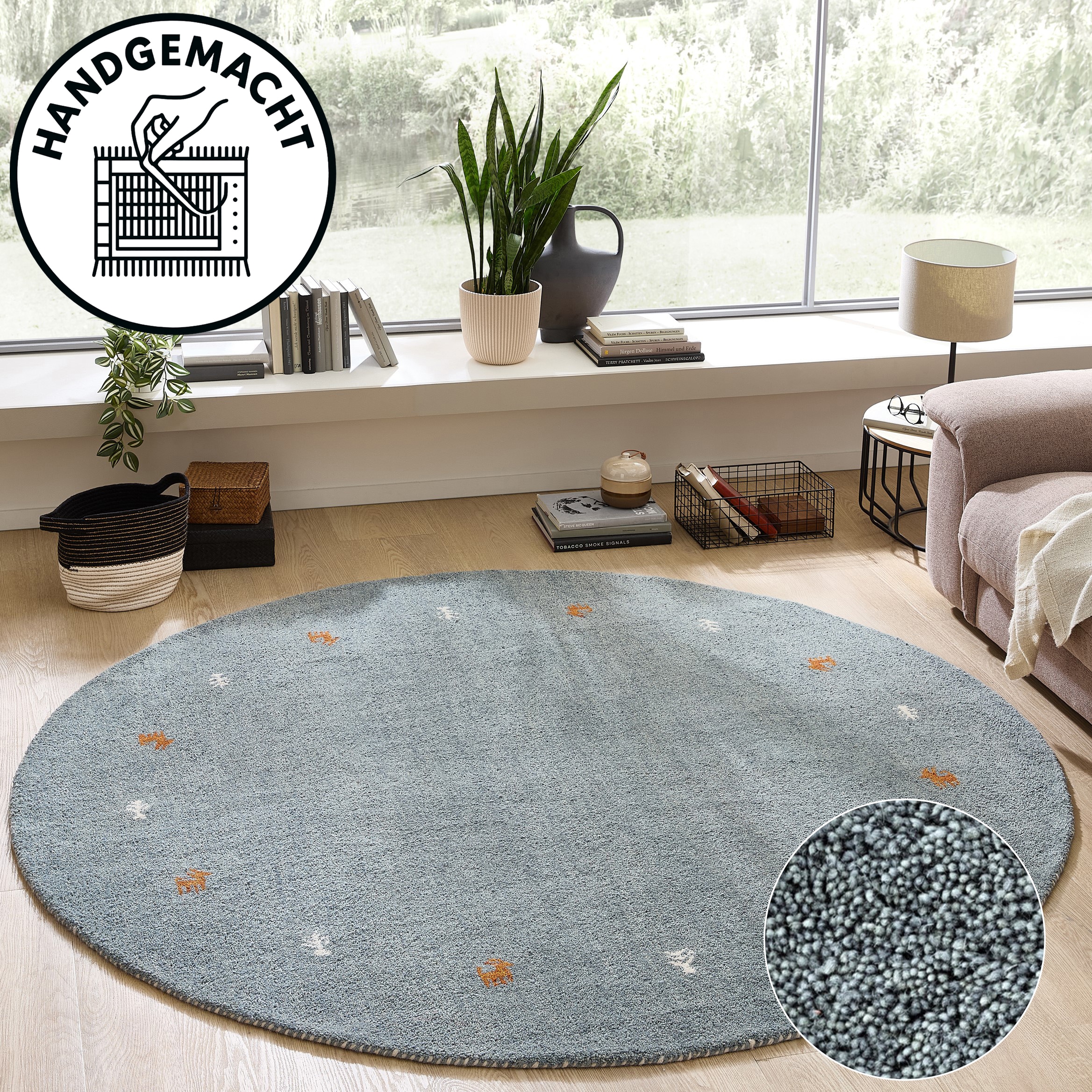 THEKO Wollteppich "Gabbeh Motiv, Handgefertigt, Teppich, Tiermotiv, reine Wolle" rund 14 mm Höhe reine Wolle, Wohnzimmer, Schlafzimmer, Esszimmer