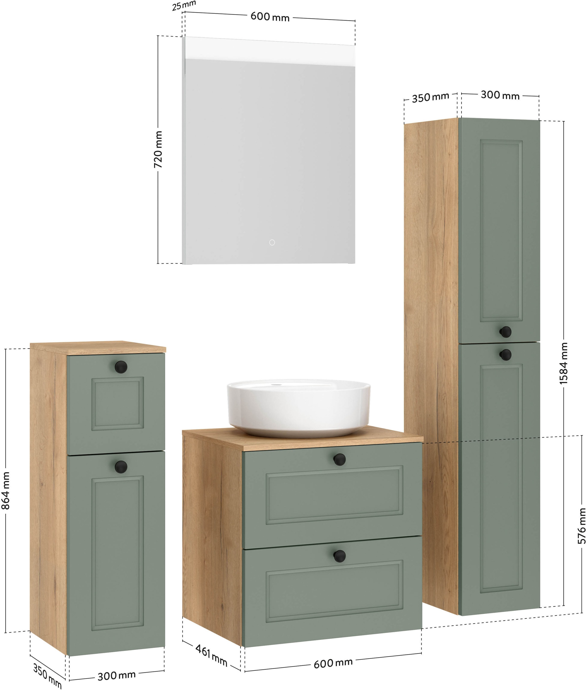 nobilia® Badmöbel-Set »Cascada« Set, inkl.  Aufsatzwaschbecken und beleuchtetem  Spiegel mit Touch-Sensor, 4 Stk. tlg.