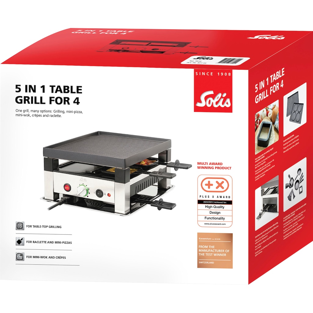 SOLIS OF SWITZERLAND Raclette »5 in 1 Table Grill for 4«, 4 St. Raclettepfännchen, 1020 W
