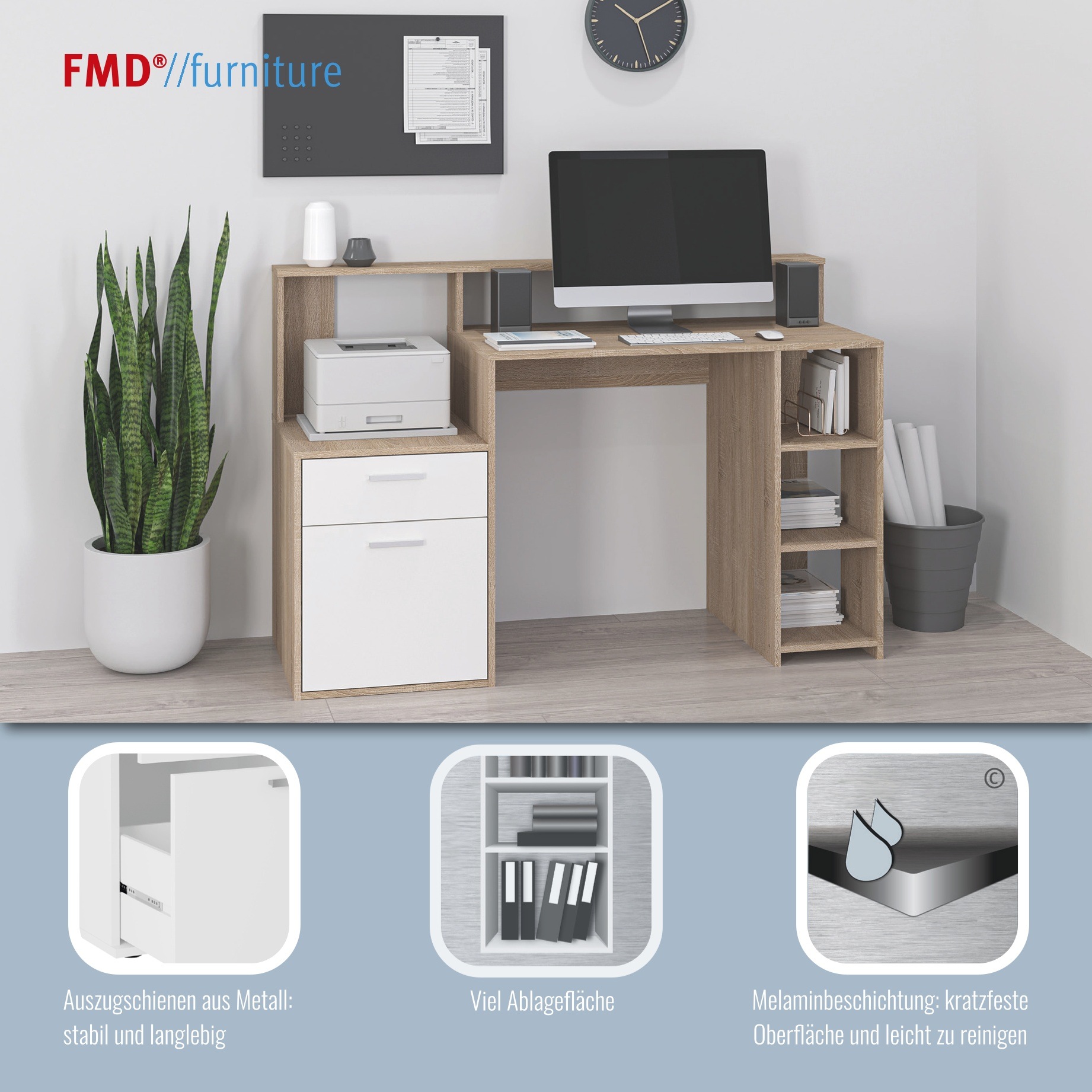 Thumbnail - FMD Regal-Schreibtisch "Bolton" Schreibtisch mit Stauraum und Ablage, offene Fächer, 138,5 cm breit