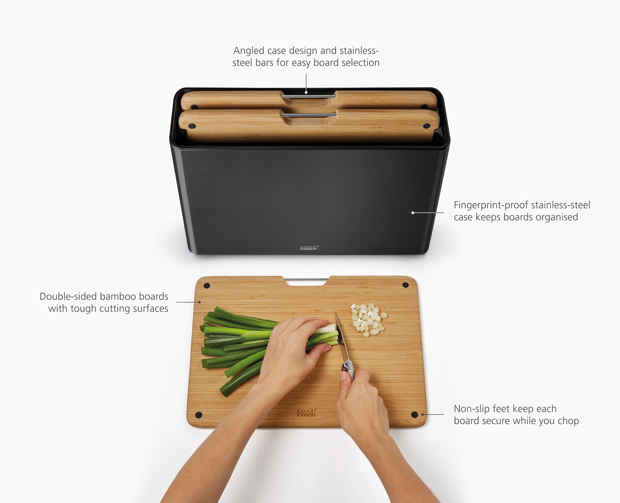 Joseph Joseph Schneidebrett »Folio™ Steel Bamboo 3er-Set Schneidebretter mit Edelstahlständer«