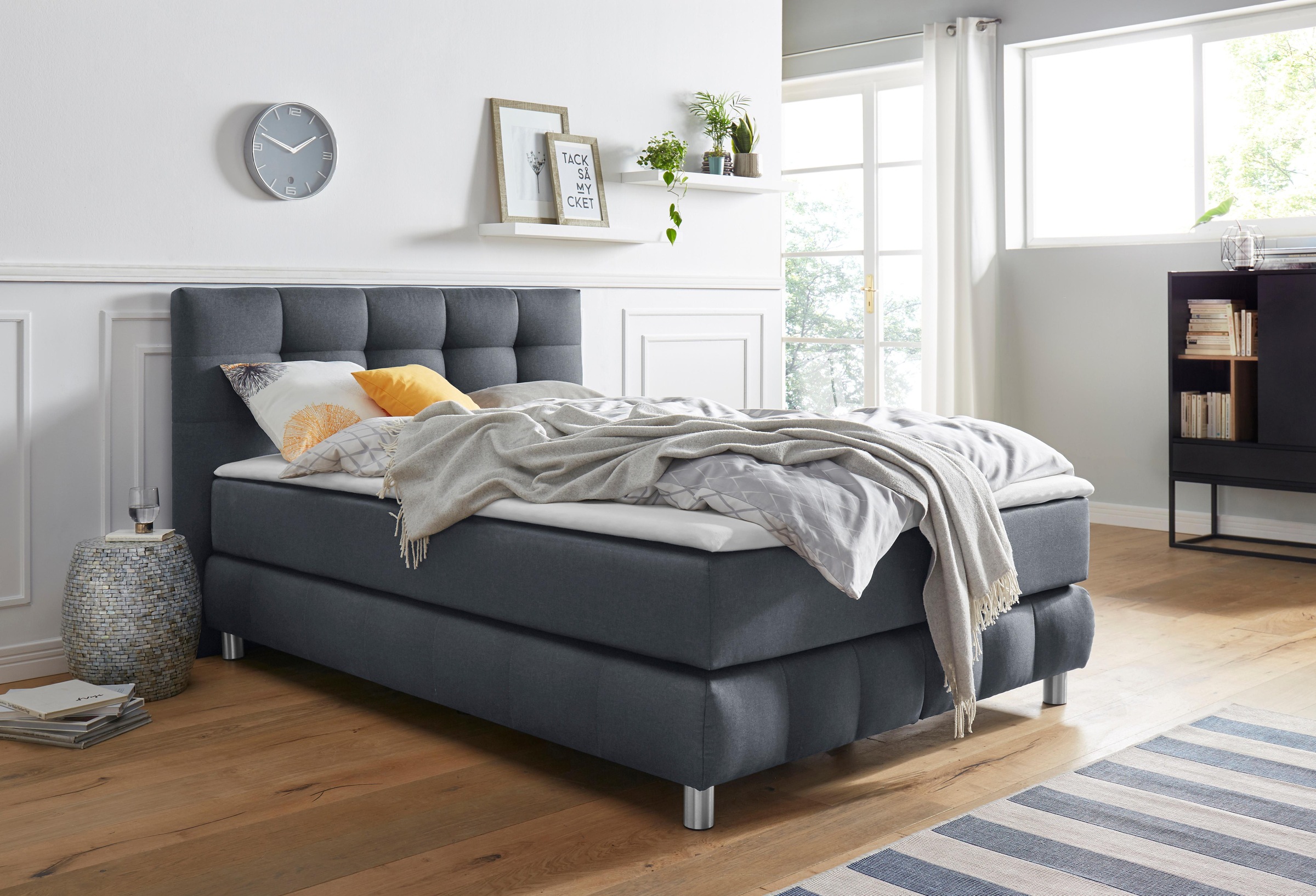 Boxspringbett HOME AFFAIRE "Salo", grau (anthrazit), B:154cm L:211cm, Struktur (100% Polyester);Bezug der Spiegelfläche Matratzendrell aus 100% Polyester;Samtoptik (100% Polyester), Komplettbetten, Boxspringbett, incl. Topper, 6 Breiten, 2 Härtegrade, TFK 6