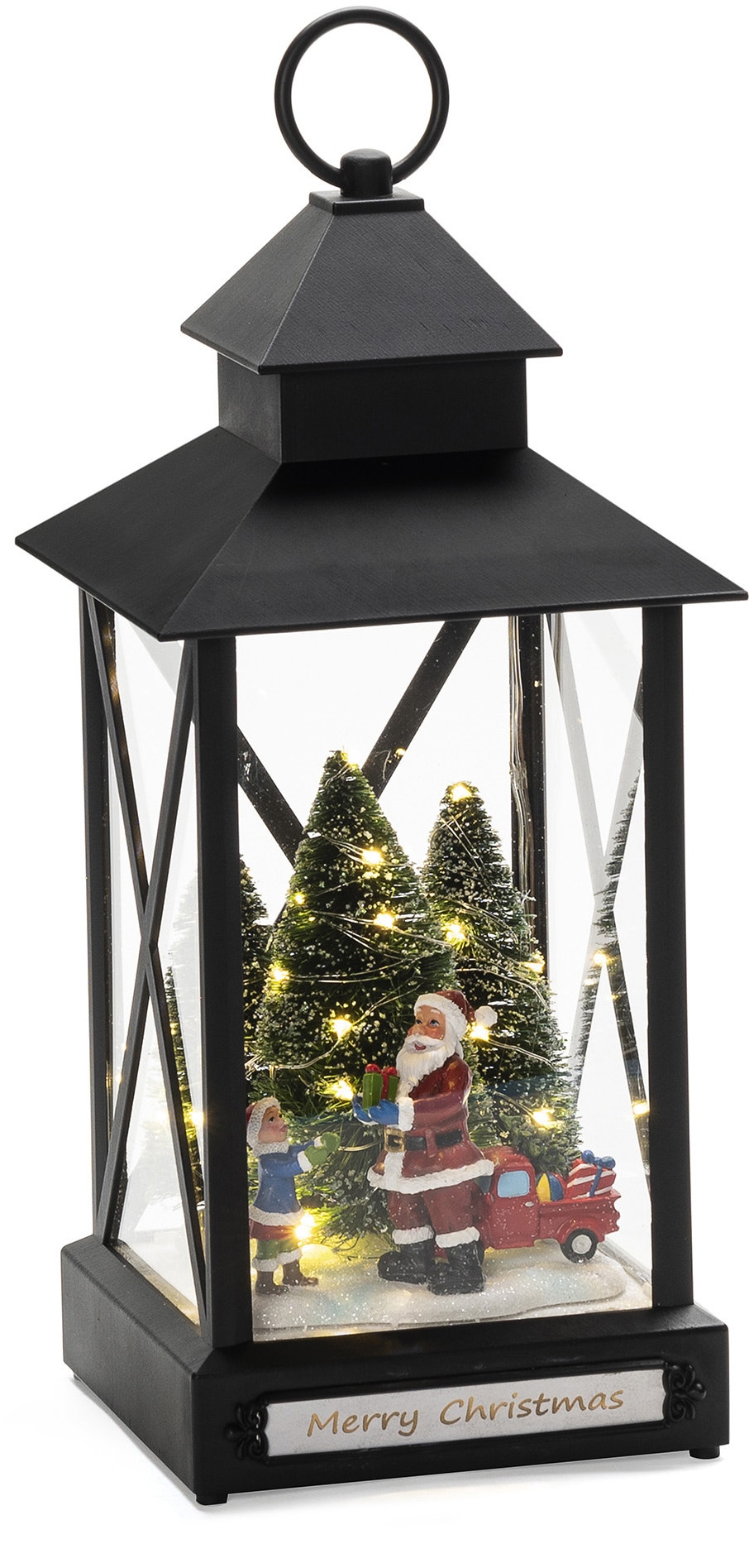 KONSTSMIDE LED Laterne "Weihnachtsmann mit Kind und Weihnachtsbaum, Weihnachtsdeko aussen", mit 8h Timer, mit sechs roti
