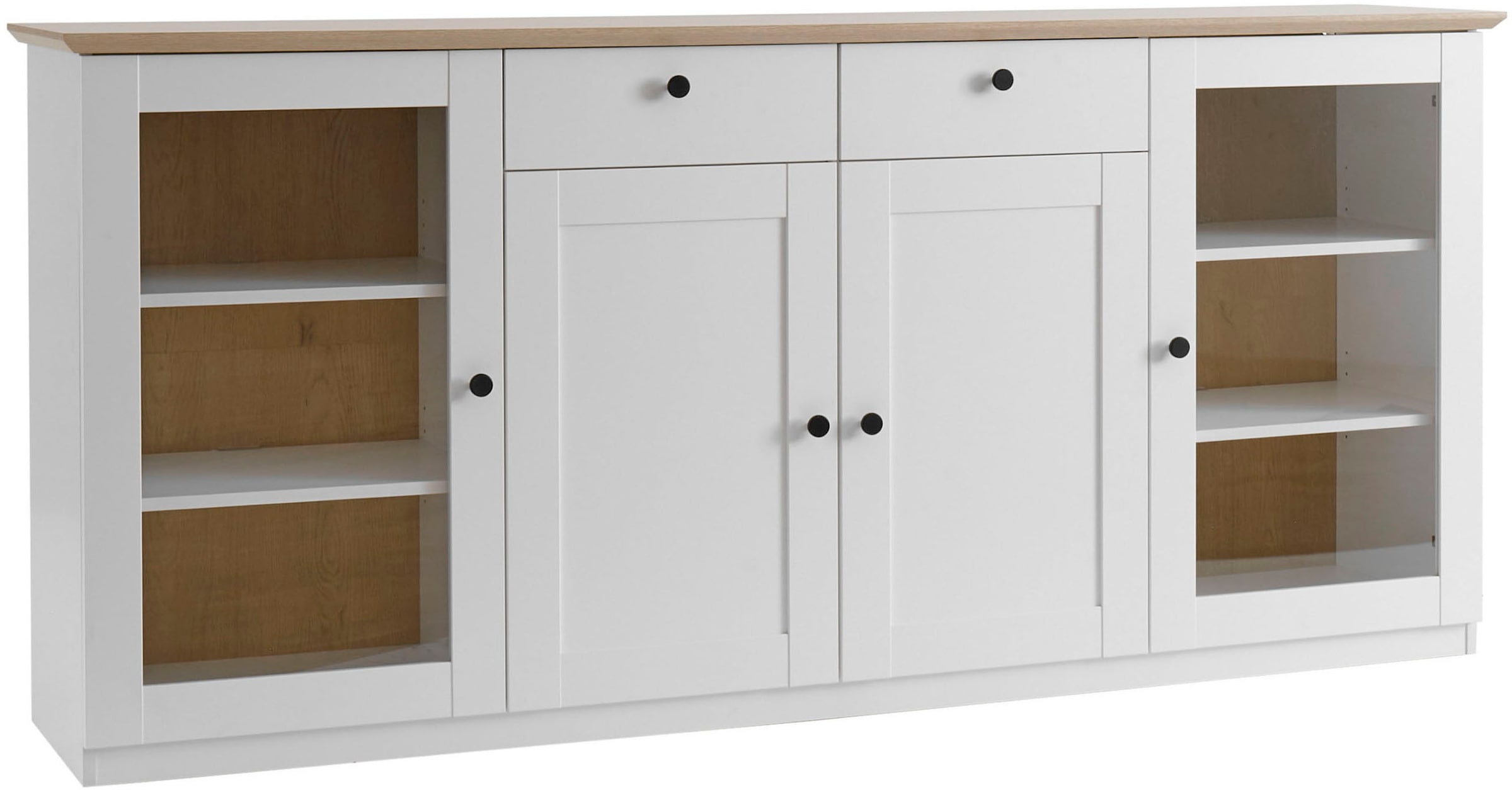 OTTO home Sideboard »Brest, Schrank im Landhausstil, Kommode, zeitloses Stauraumelement« schwarze Metallgriffe, ausreichend Stauraum, Glastüren, 204 cm breit